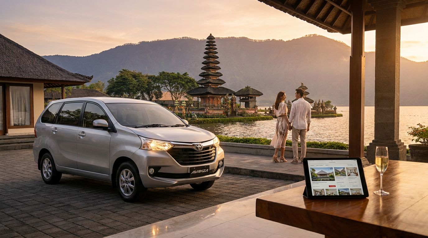 A couple stands by a lake at sunset near a traditional Balinese temple, with a car parked nearby.