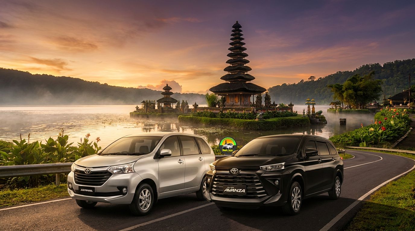 Two cars parked on a scenic road near a temple by a lake at sunset in Bali.