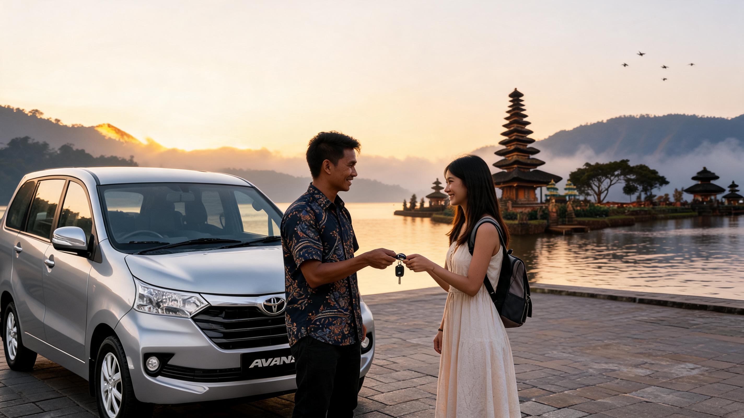 A couple exchanges car keys near a scenic lake in Bali at sunset, showcasing peer-to-peer rental services.