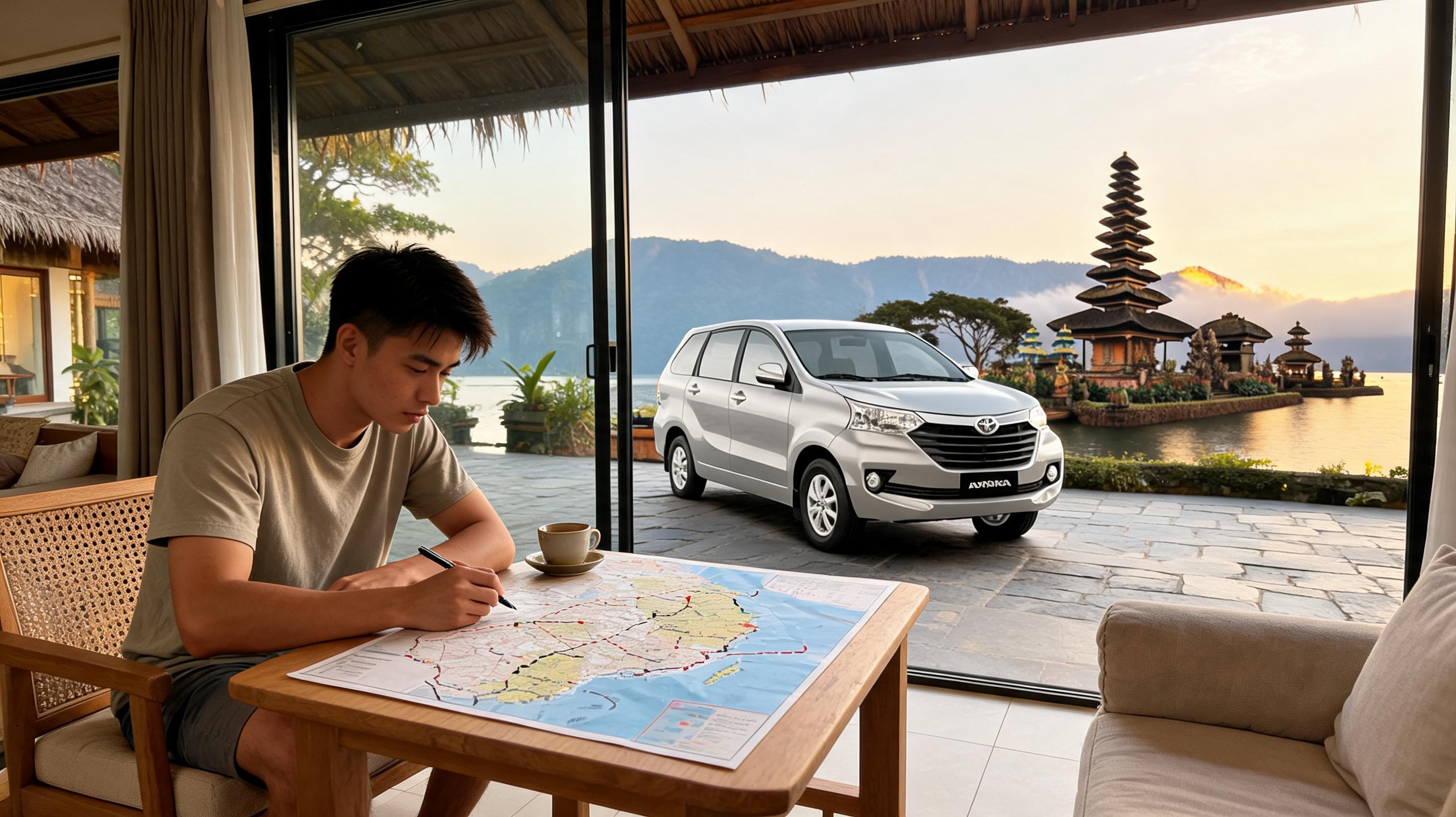 A young man studies a map while sitting at a table with a cup of coffee