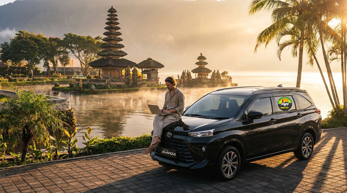 A person working on a laptop while sitting on a parked black vehicle near a serene lake and traditional Balinese temple at