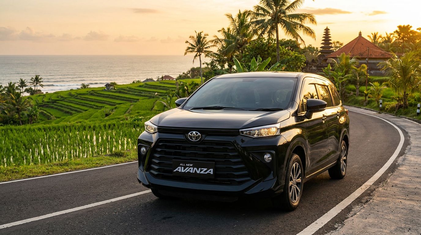 A black Toyota Avanza parked on a scenic road with rice terraces and ocean views at sunset in Canggu.