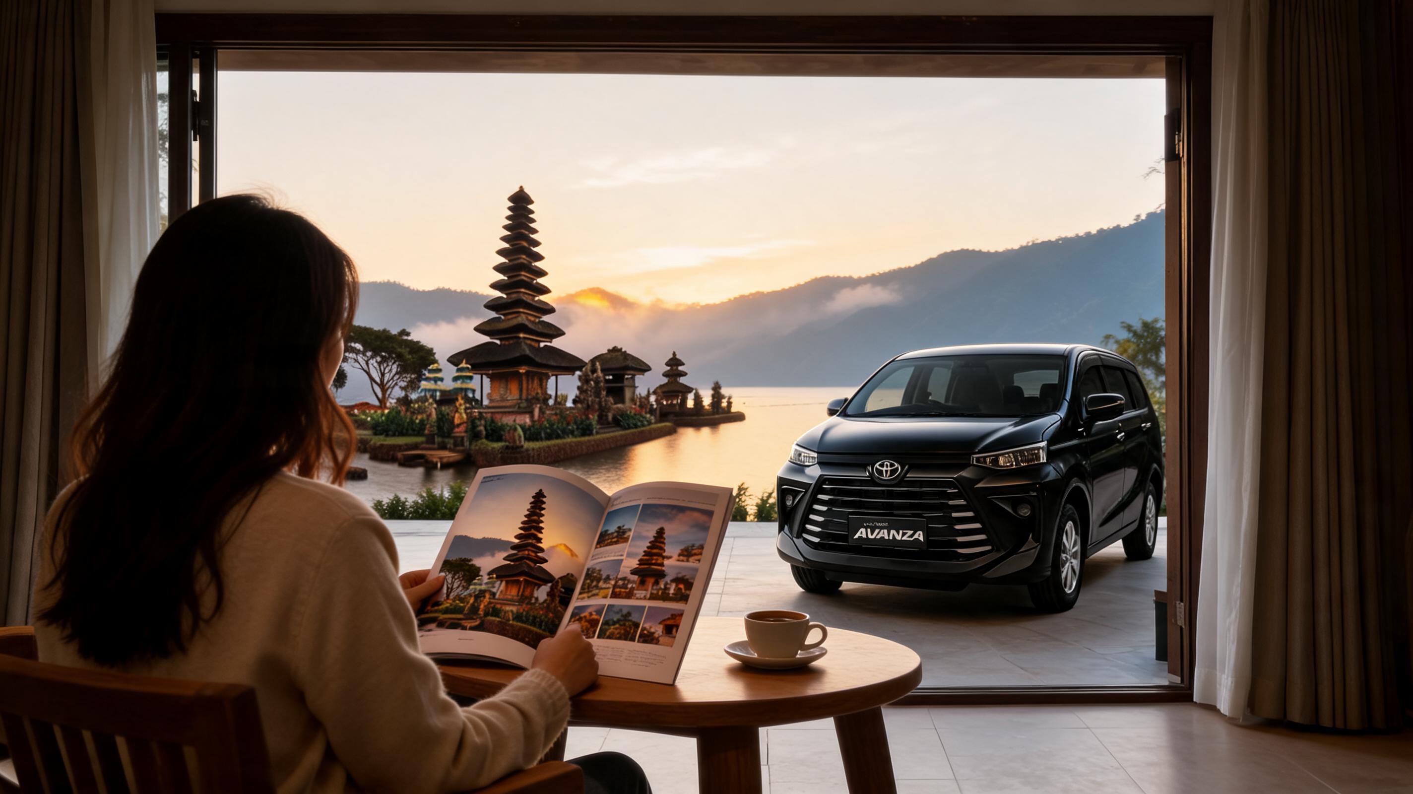 Seorang wanita duduk di meja kayu dengan majalah dan kopi, melihat pemandangan indah Bali dengan sebuah kuil dan mobil yang diparkir