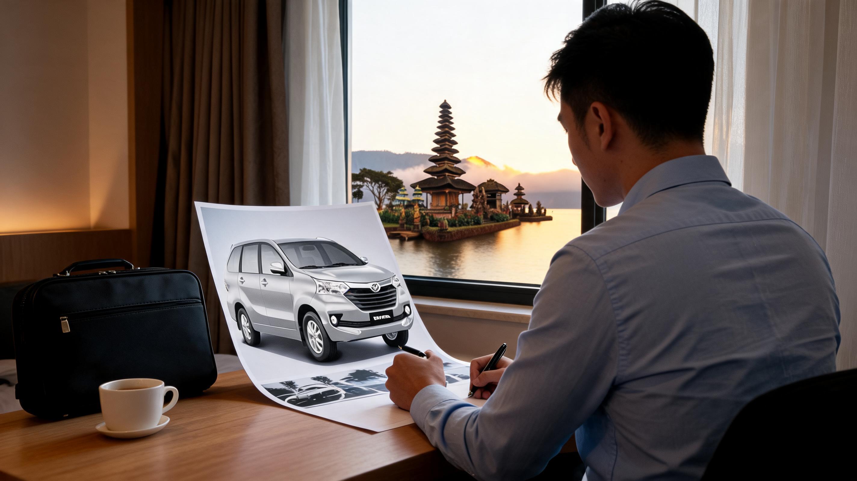 A businessman sits at a desk with a coffee cup, sketching a car rental plan