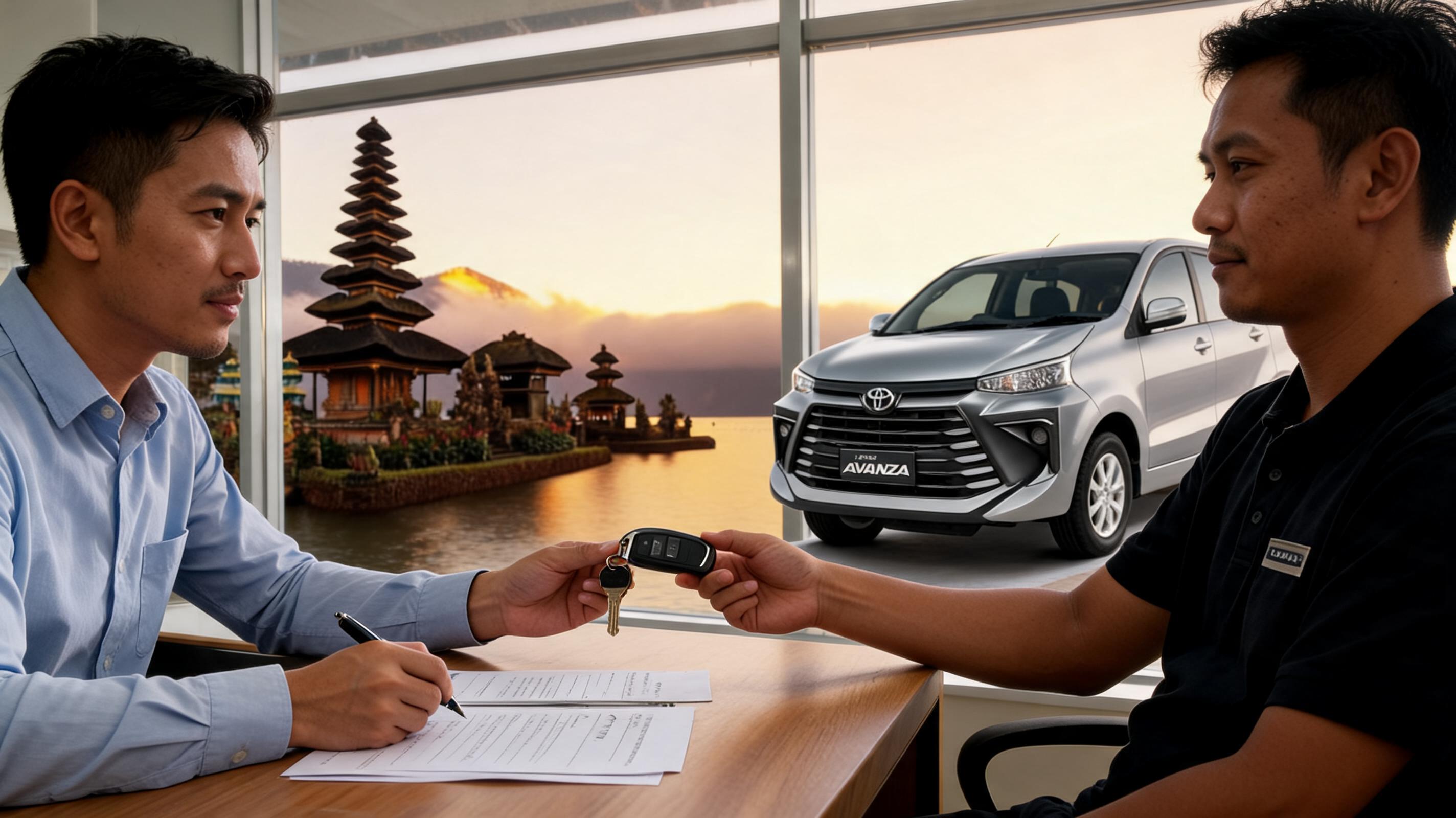 A business traveler receives car keys from a rental agent in an office with a scenic Bali backdrop.