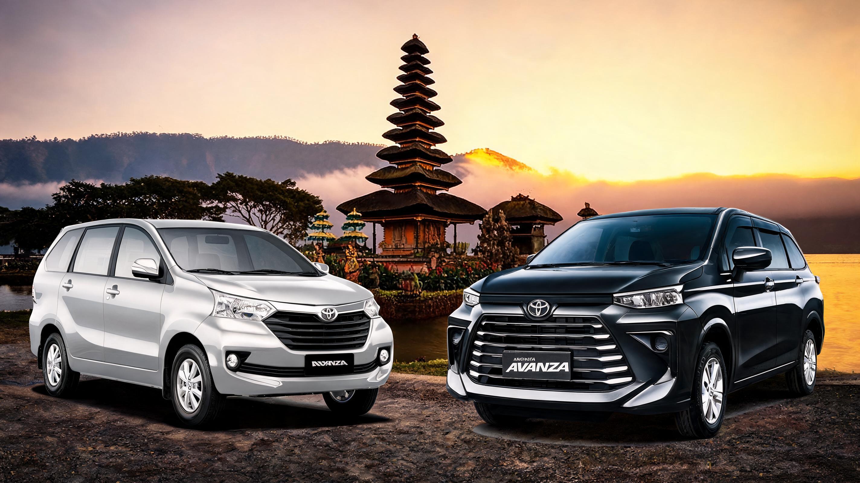 Dua mobil Toyota diparkir di dekat sebuah pura Bali yang indah saat matahari terbenam, menyoroti sewa mobil untuk perjalanan