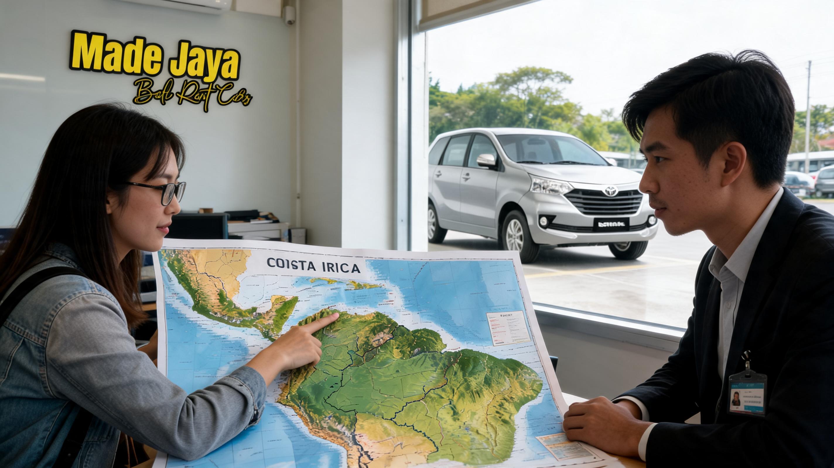 Une femme et un homme discutent d'une carte du Costa Rica dans un bureau de location de voitures, avec un véhicule visible à l'extérieur.