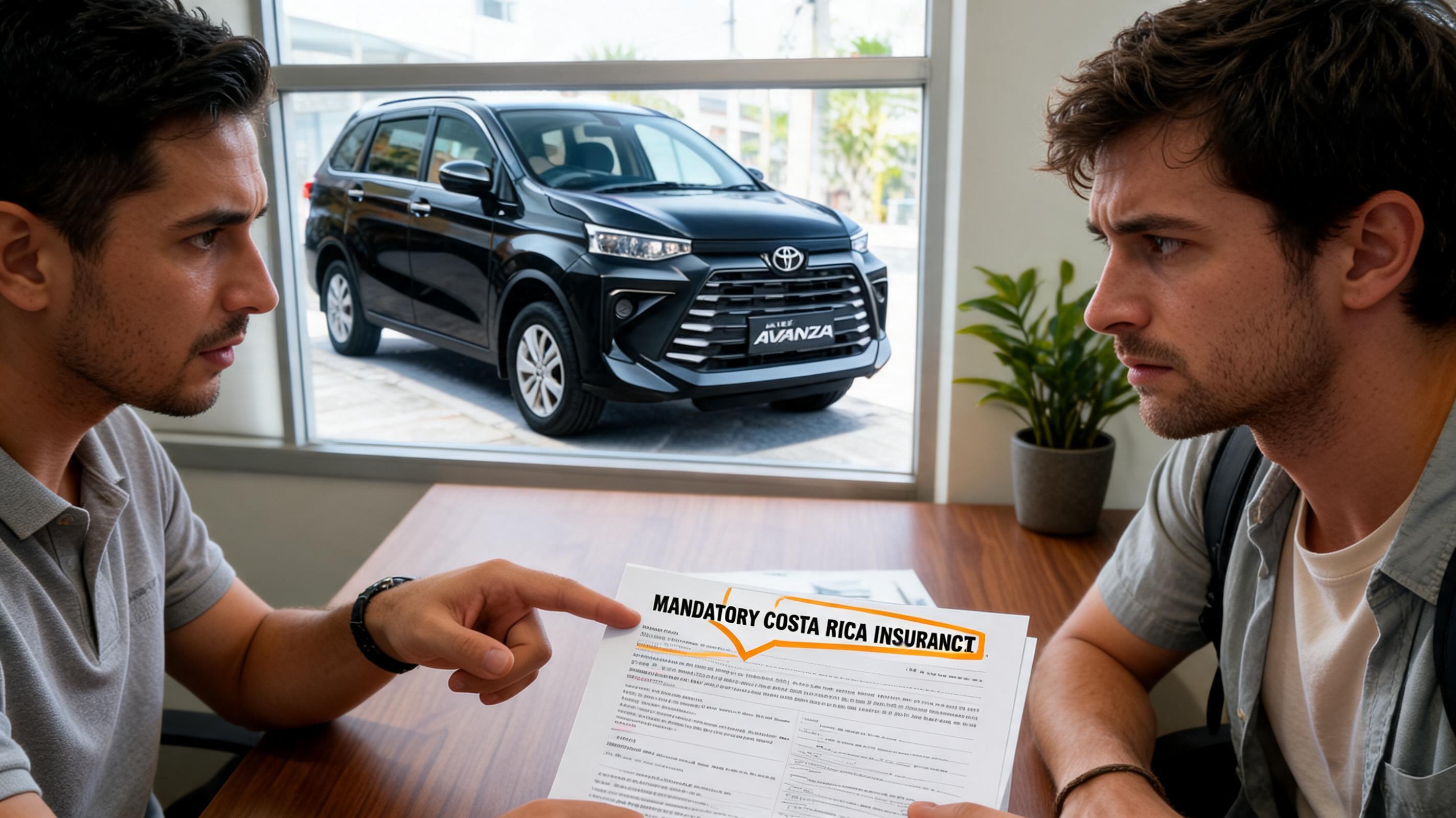 Deux hommes discutant des conditions de location de voiture dans un bureau, avec un SUV noir visible à travers la fenêtre.