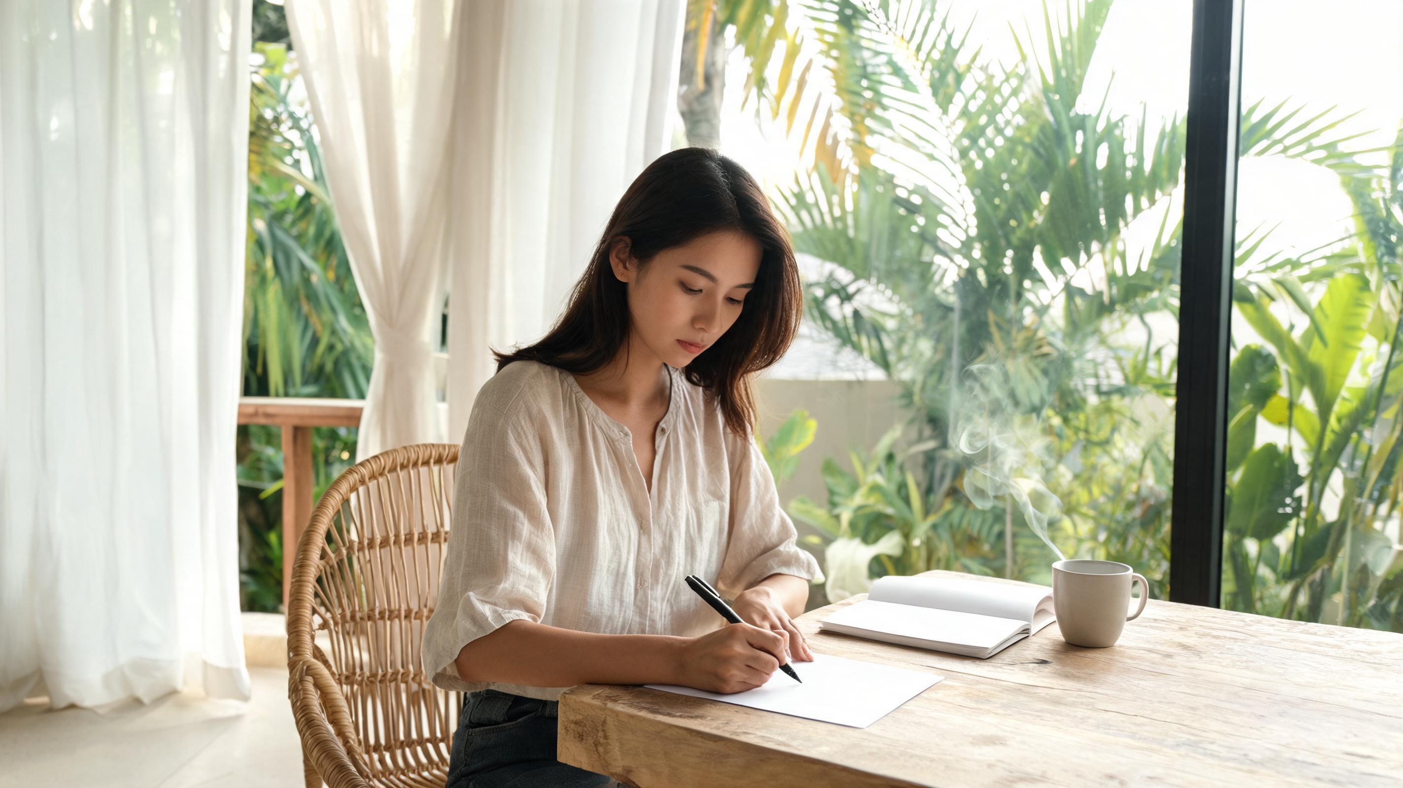 Une femme assise à une table en bois dans une pièce lumineuse, écrivant dans un carnet avec une tasse de café à proximité.