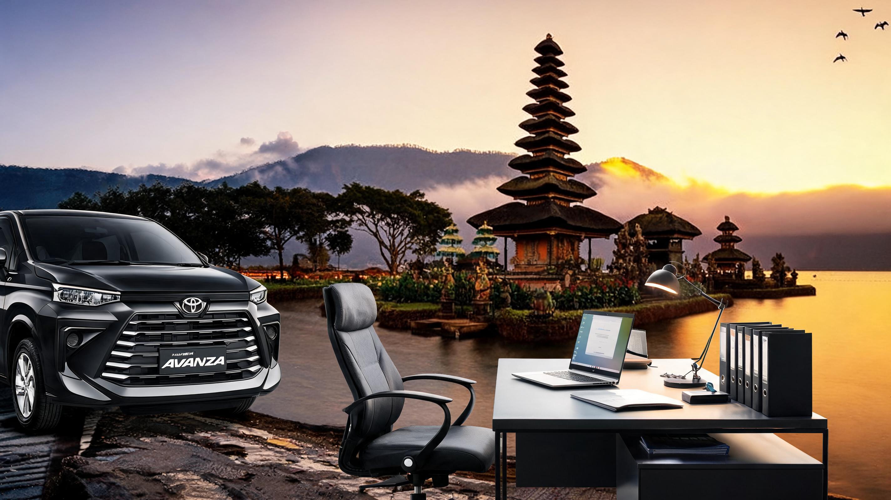 A scenic view of a serene landscape with a car parked near an office setup featuring a chair, laptop, and files.
