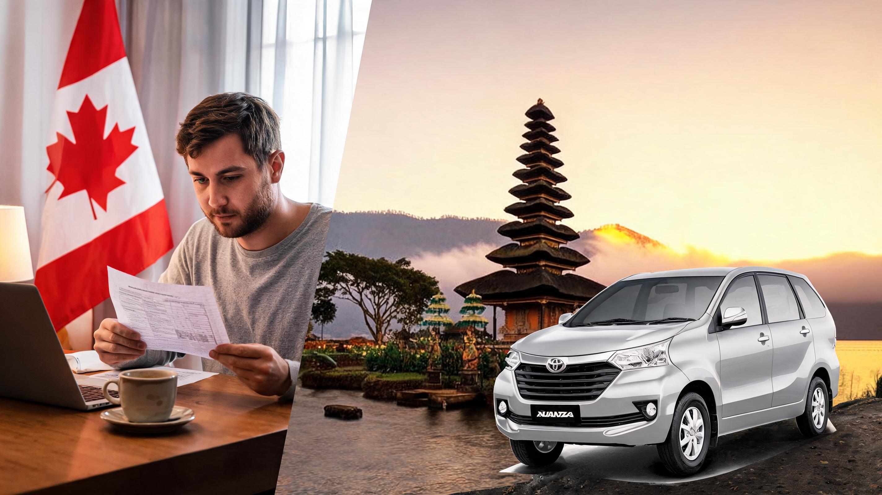 Sebuah pemandangan terpisah menunjukkan seorang pria bekerja di laptop dengan bendera Kanada dan pemandangan Bali yang tenang dengan sebuah mobil.