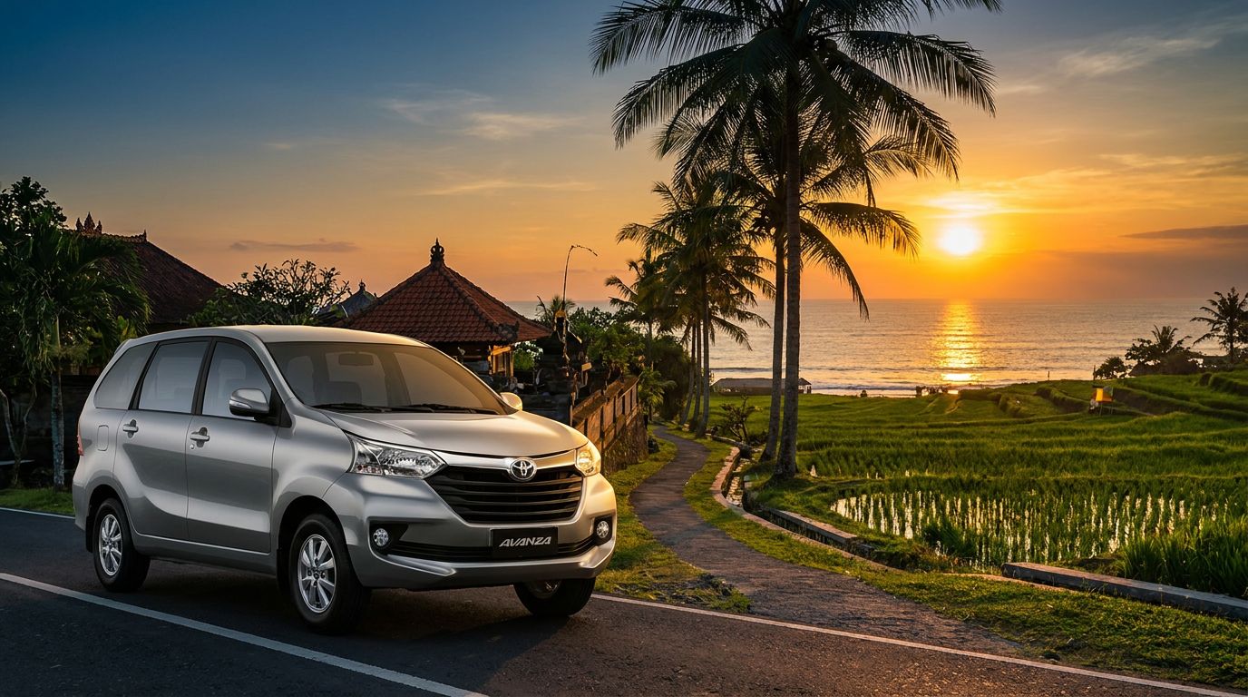 A silver car parked by a scenic road with palm trees, overlooking a sunset by the ocean in Canggu.