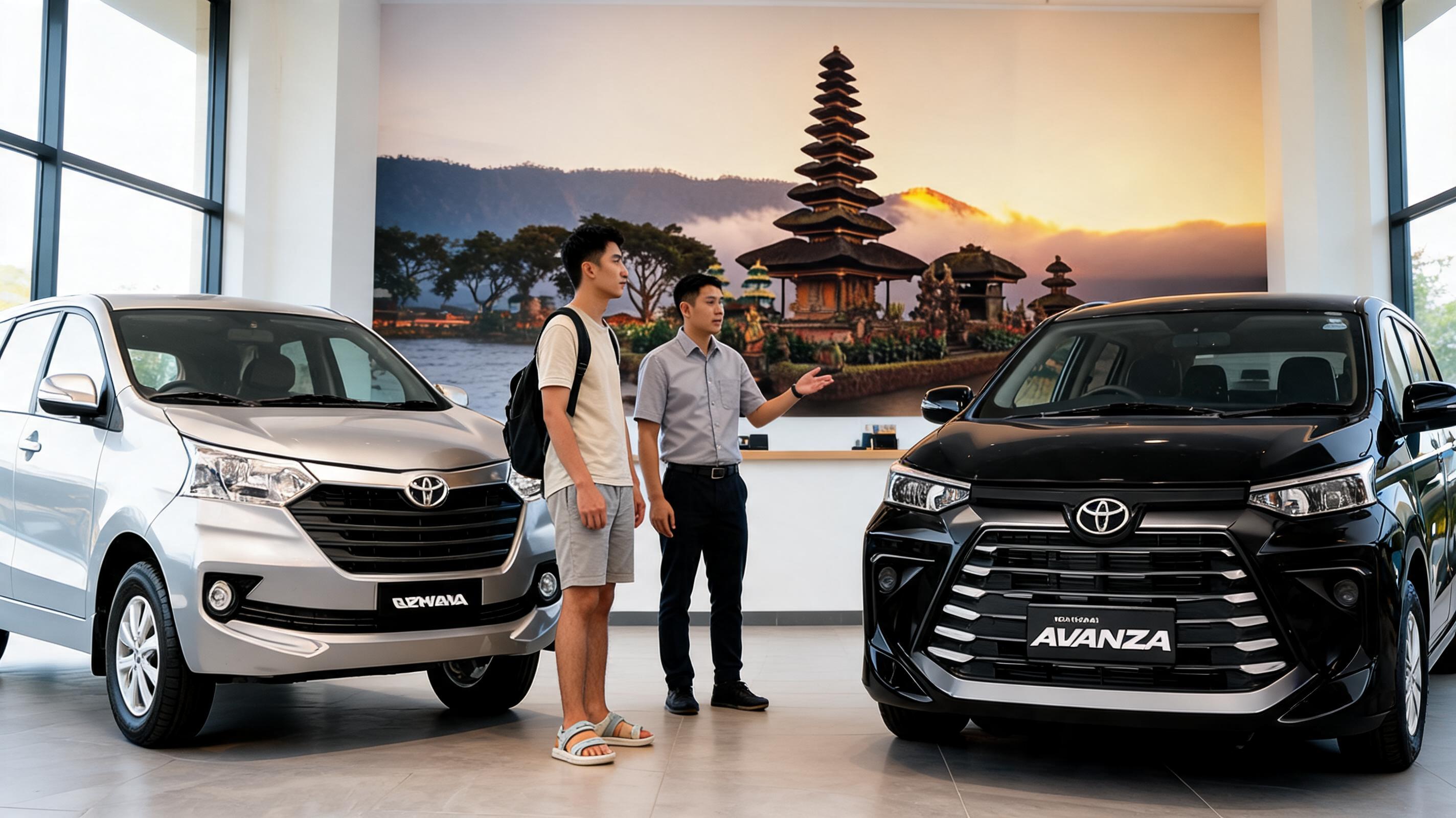 Seorang pelanggan mendiskusikan opsi penyewaan mobil dengan seorang tenaga penjual di showroom yang menampilkan dua mobil, dengan latar belakang pemandangan Bali.
