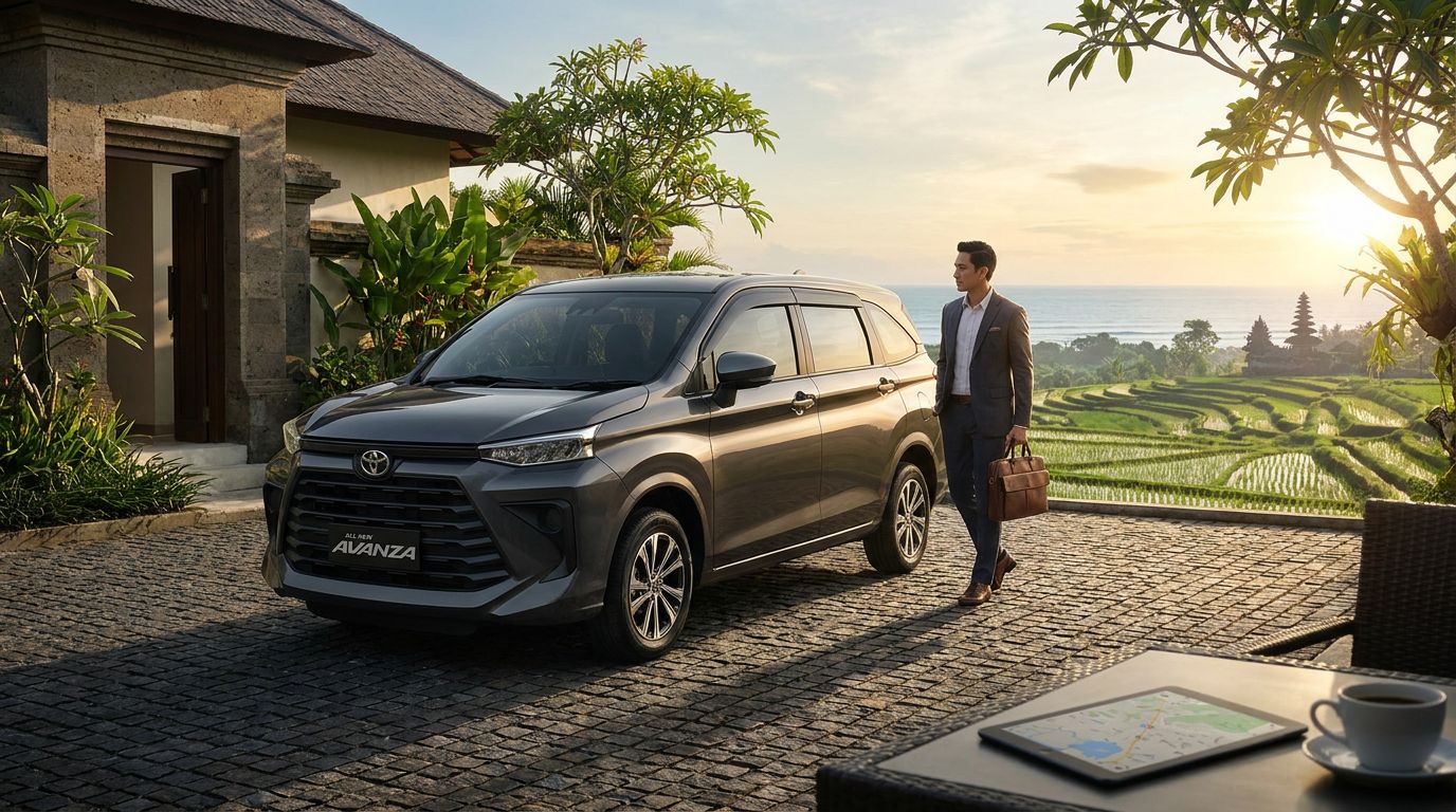 A businessman in a suit walks towards a gray car parked near a scenic rice terrace in Bali