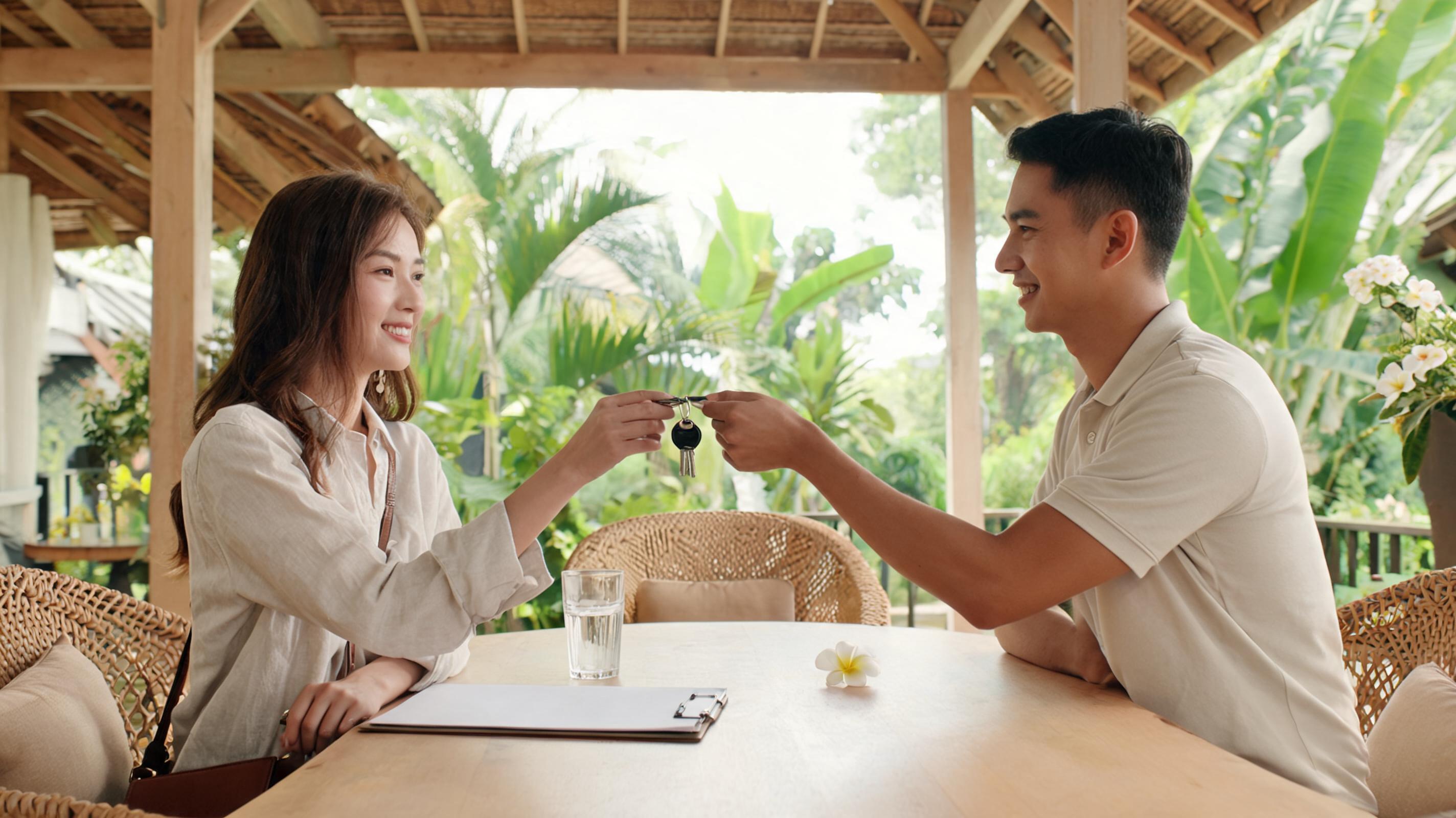 A woman and a man exchanging car keys at a table in a tropical setting, discussing car rentals.