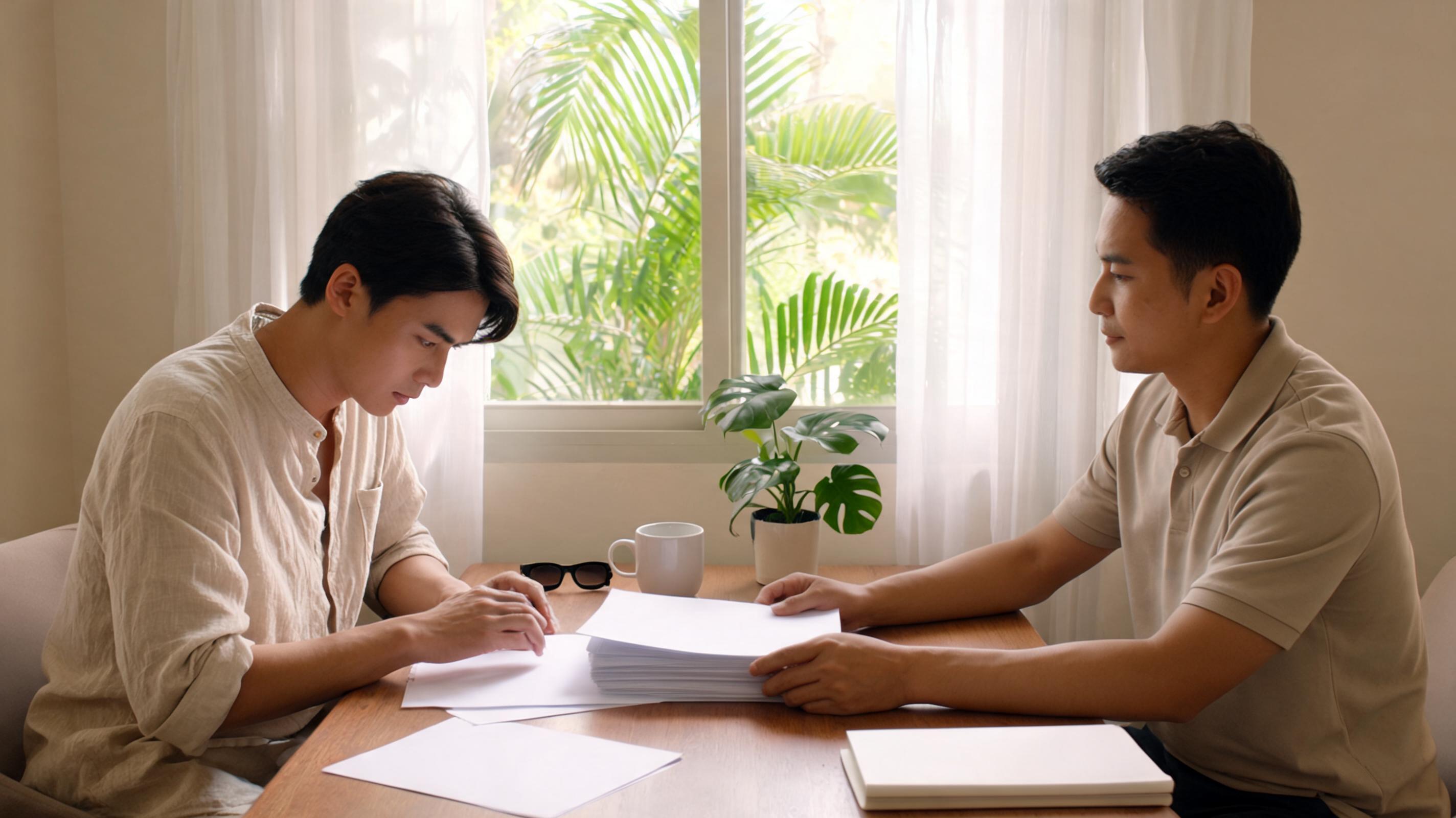 Two men sit at a wooden table reviewing documents in a bright room with plants and natural light.