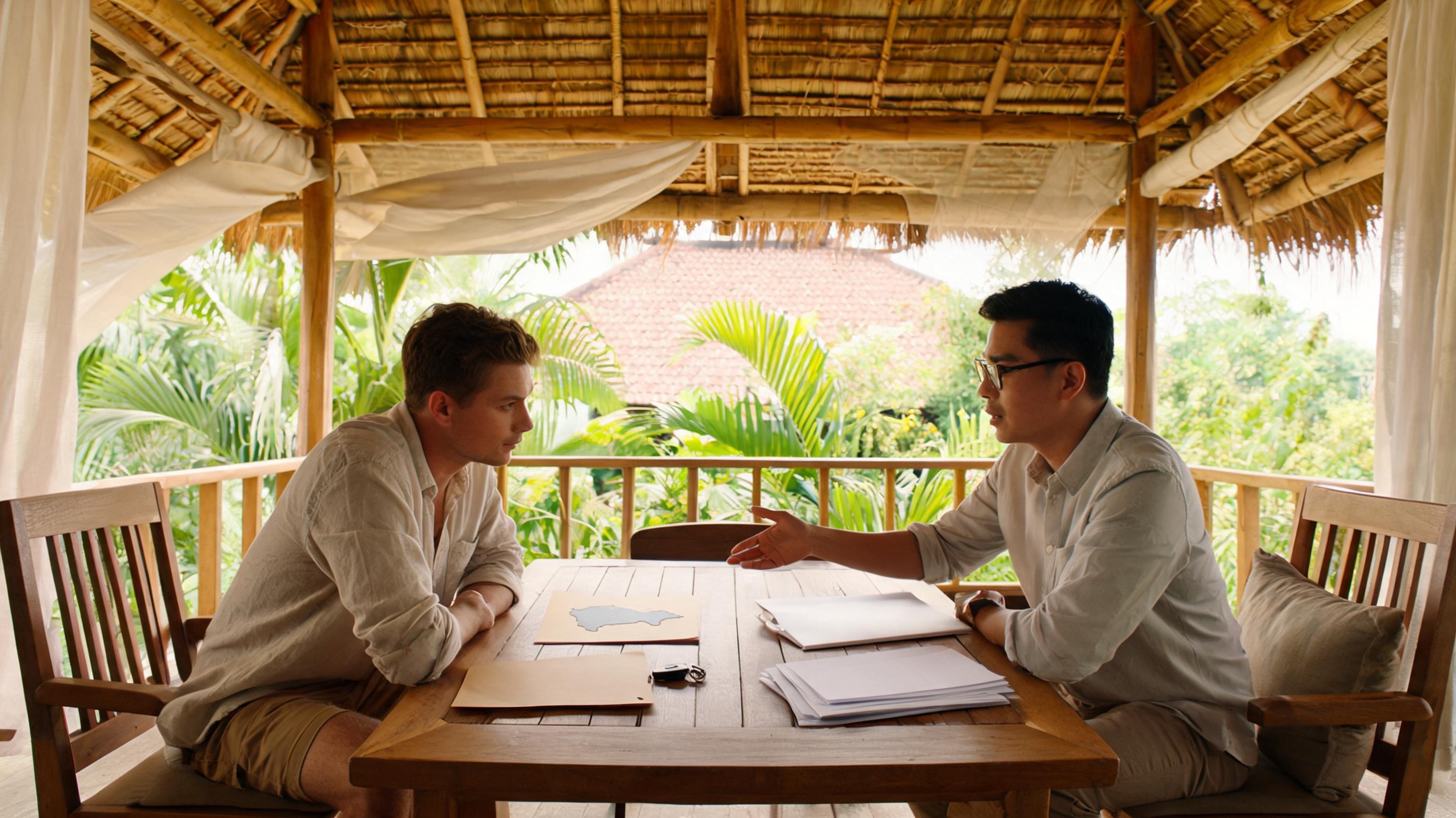 Two men engaged in a discussion at a wooden table, surrounded by tropical greenery, focusing on car rental options.