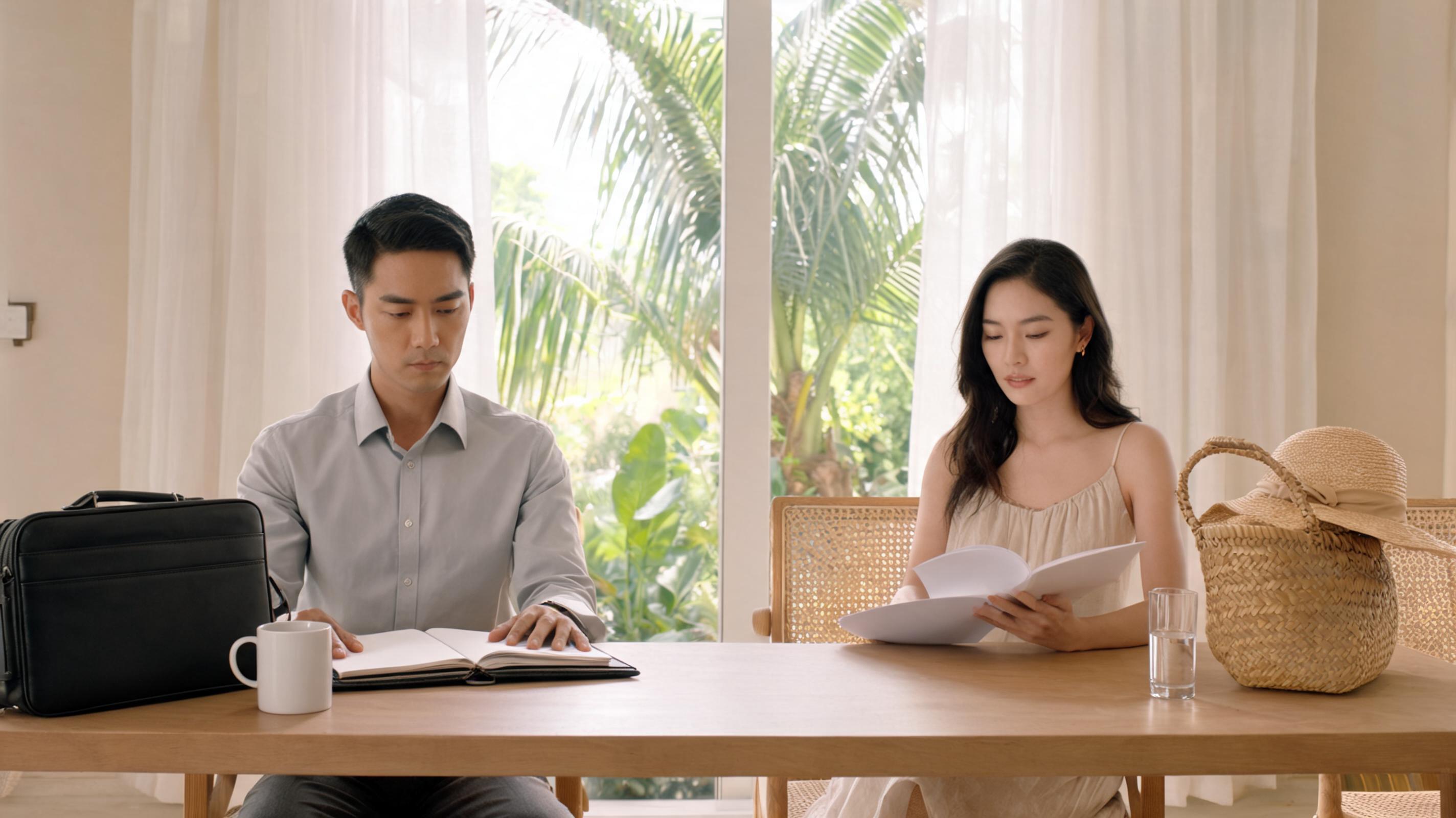 A man and woman seated at a wooden table, focused on their work, with tropical plants visible outside.