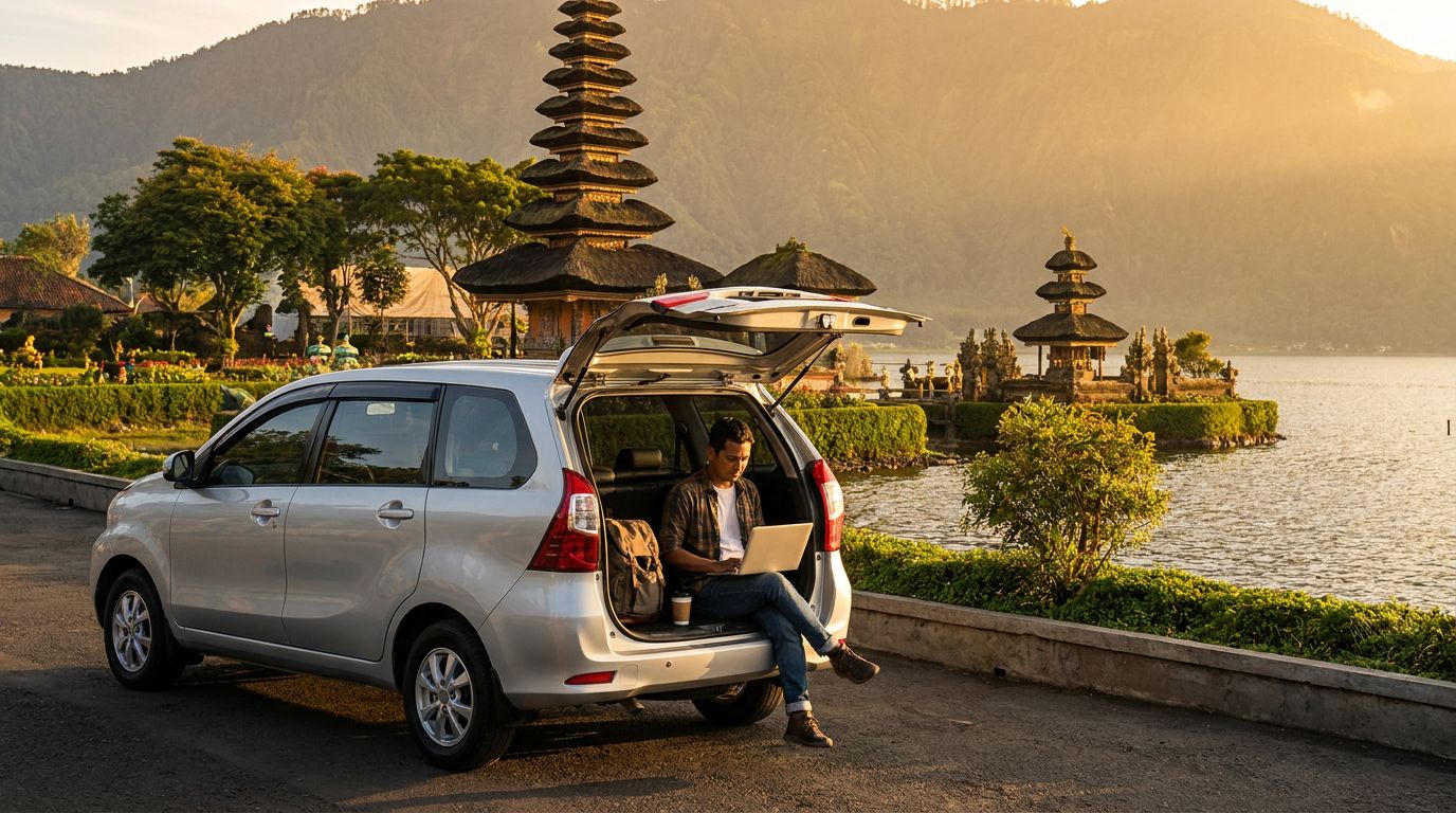 A man works on a laptop from the back of a parked car near a scenic lake in Bali