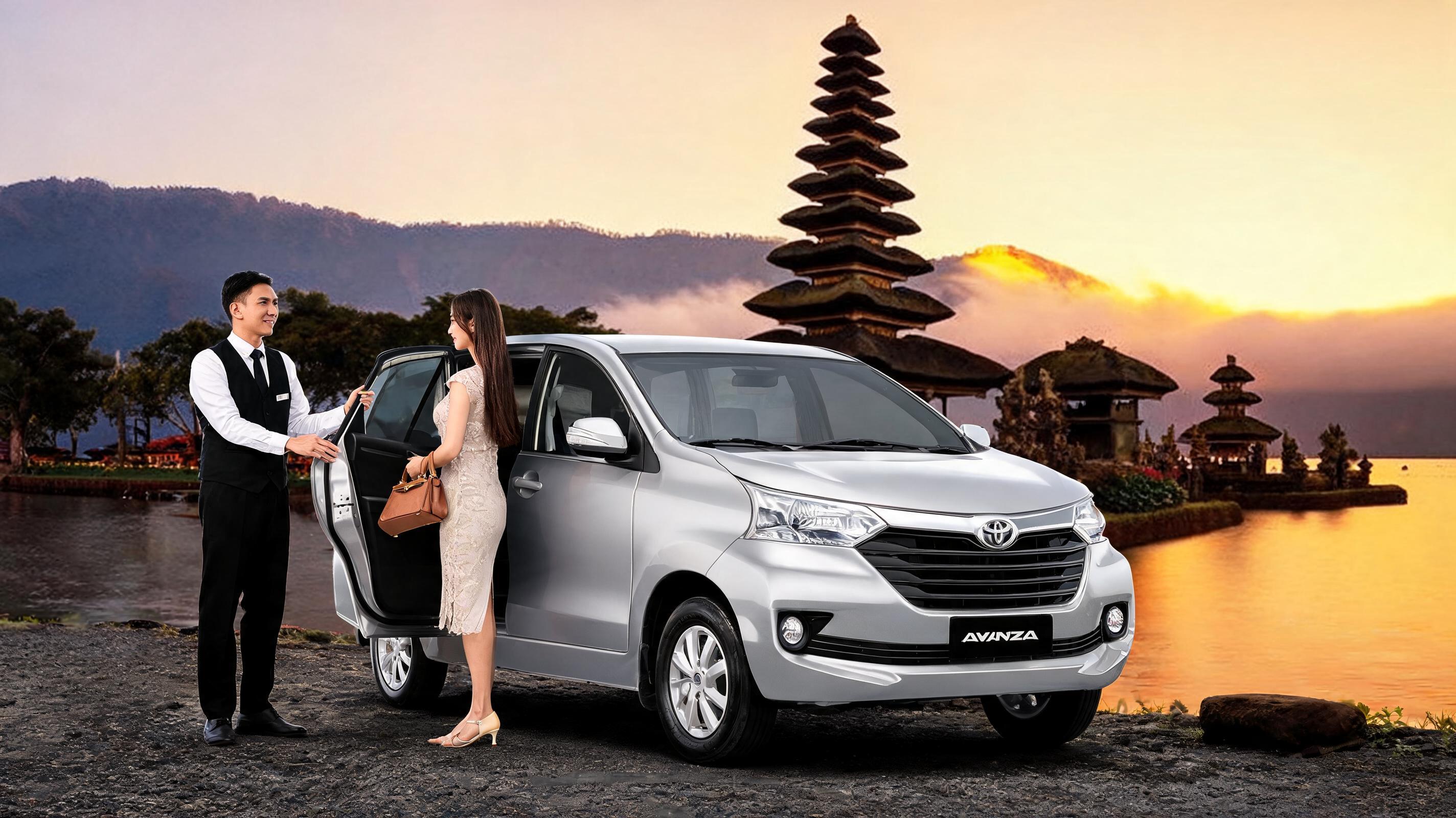 A luxury taxi service in Bali with a driver assisting a woman in a stylish dress near a scenic temple at sunset.
