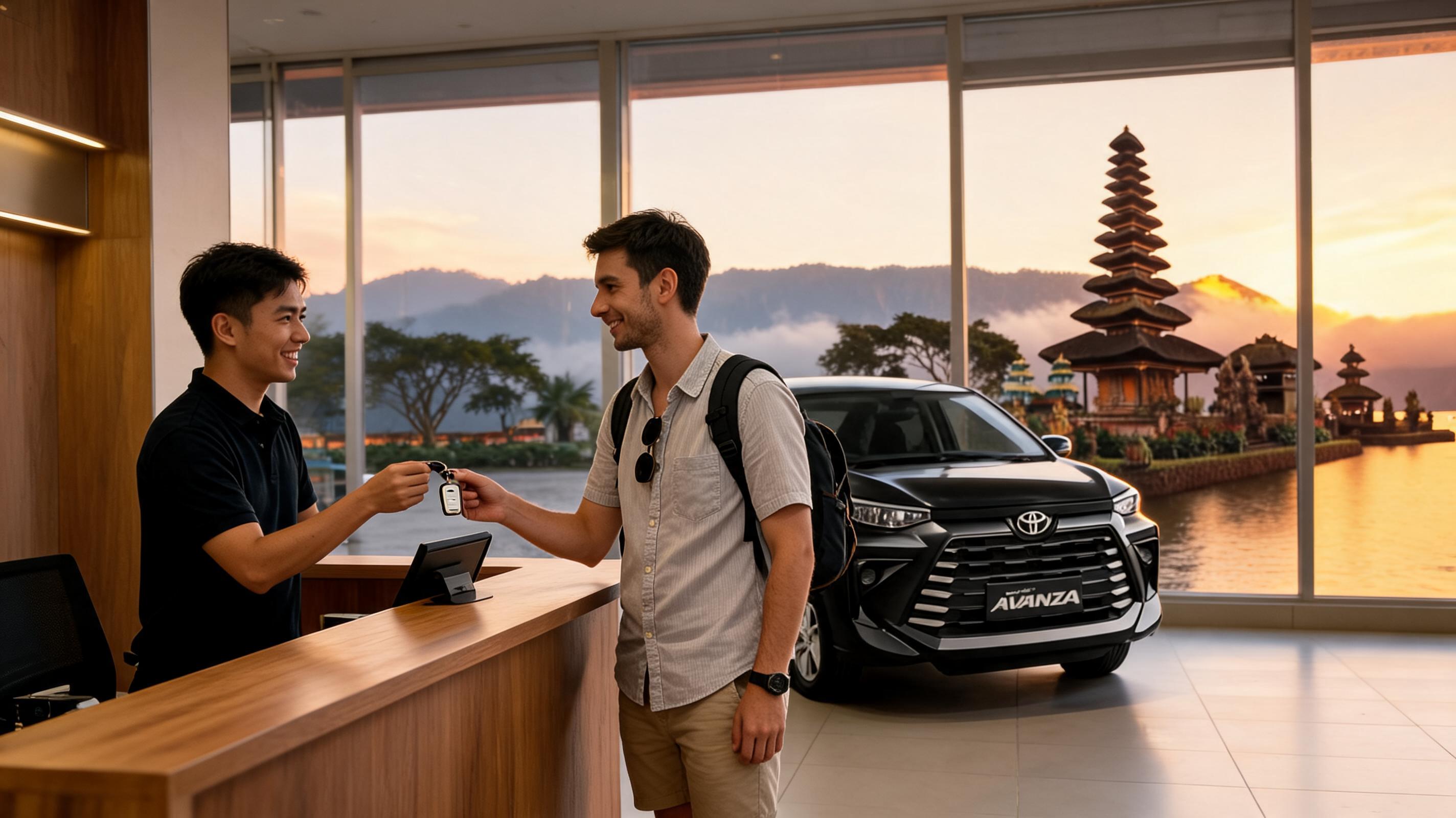 A man receives car keys from a rental service employee in a modern office with a scenic view of Bali.