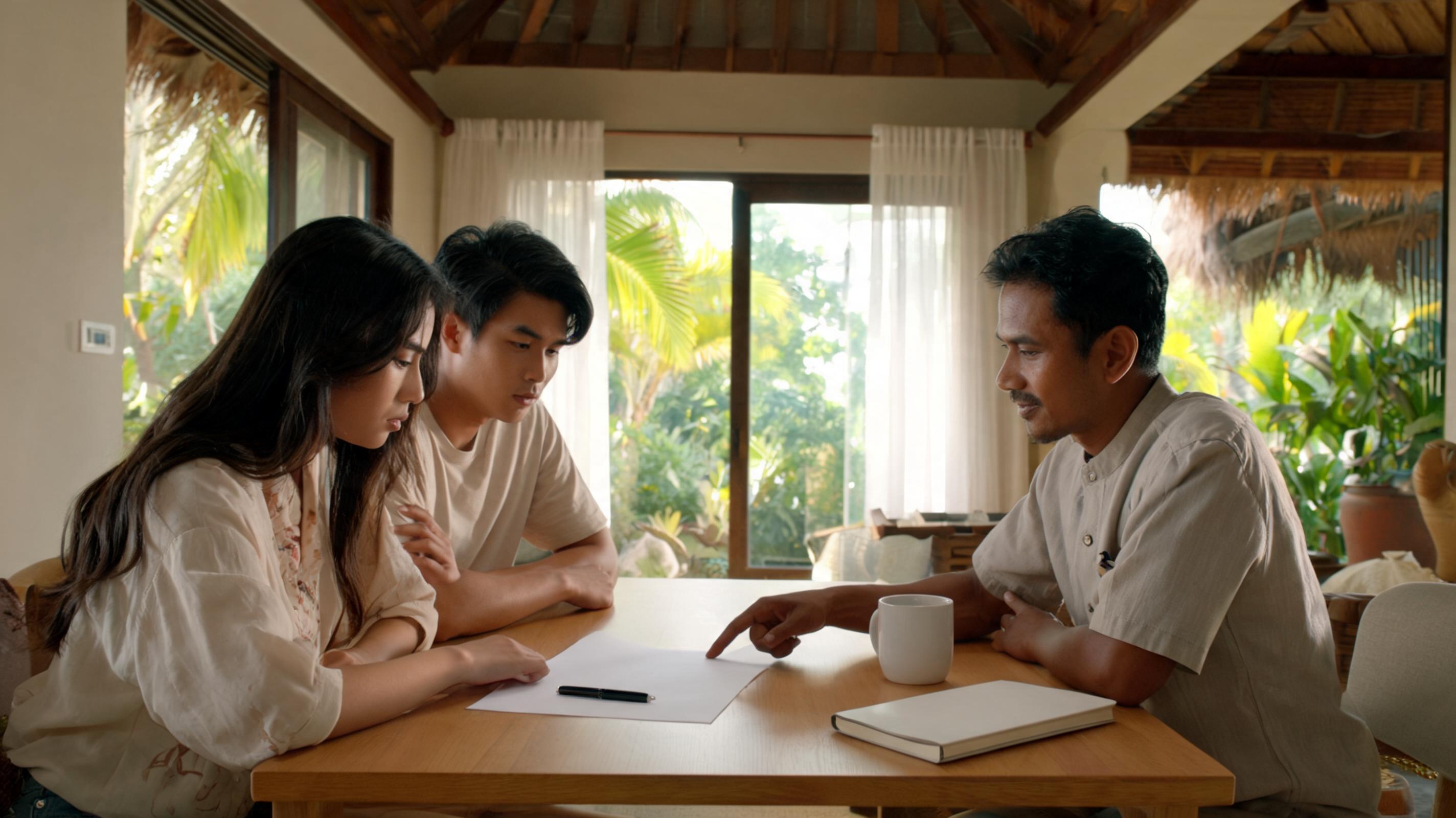 Sekelompok pasangan mendiskusikan opsi sewa mobil dengan seorang ahli lokal di meja kayu, dikelilingi oleh pepohonan hijau.