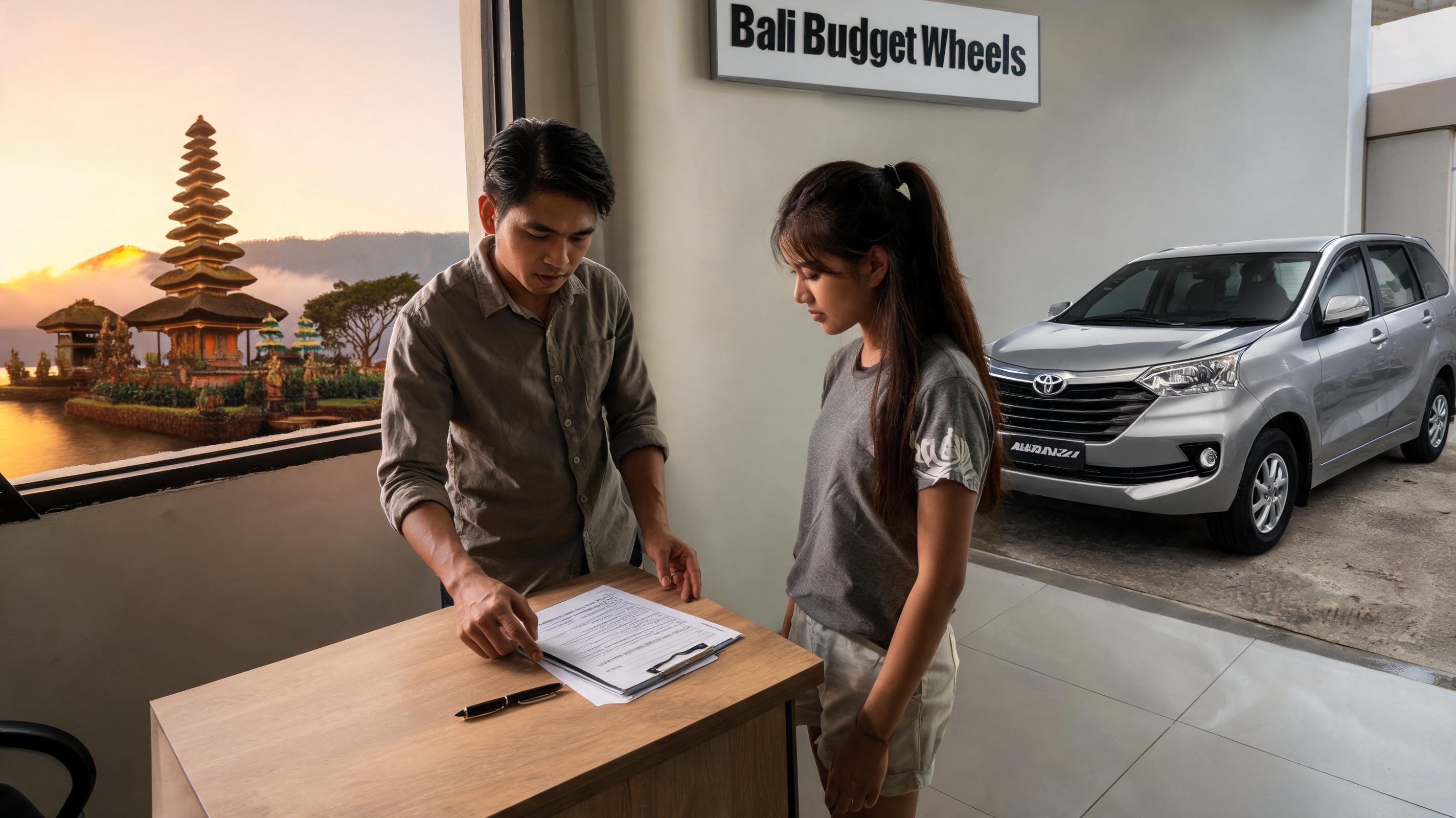 Kantor agen penyewaan di Bali dengan seorang pria dan wanita mendiskusikan dokumen penyewaan, sebuah mobil diparkir di dekatnya