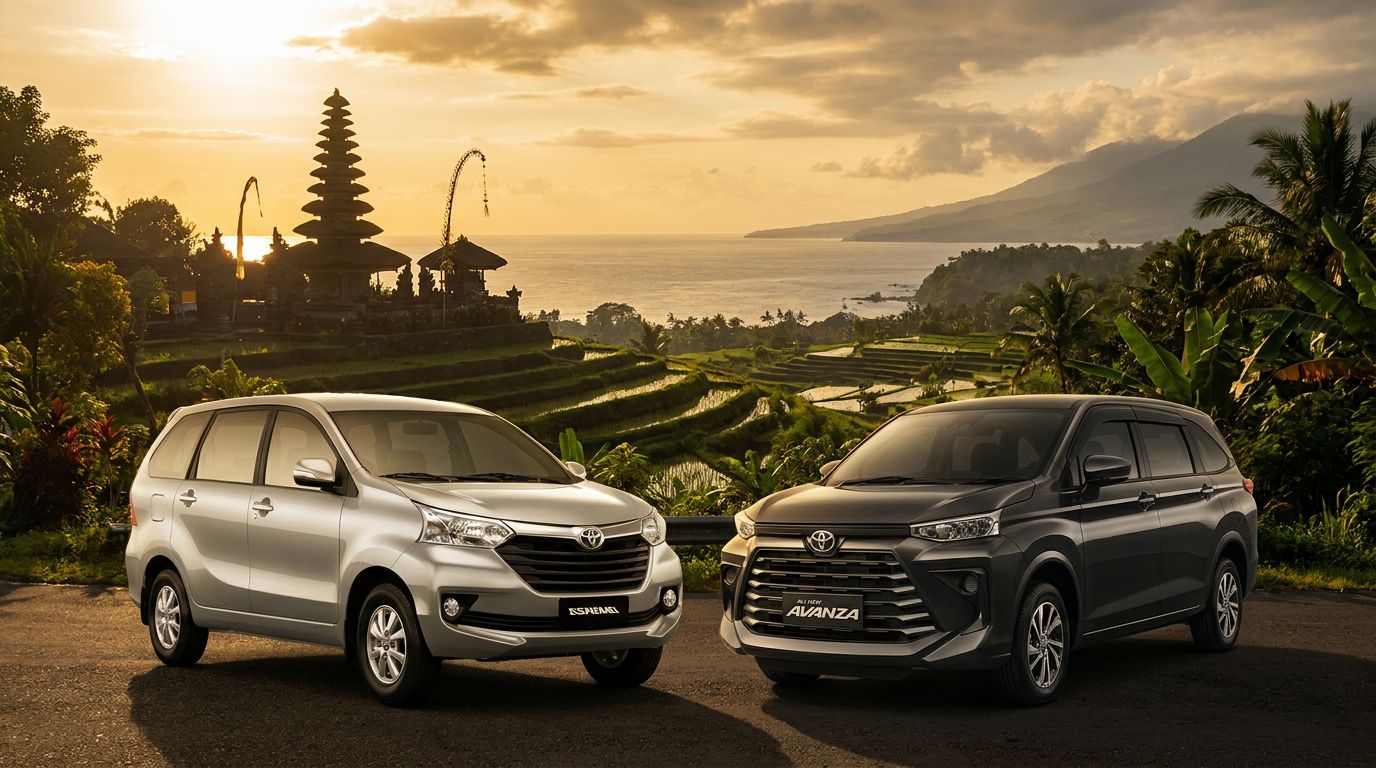 Two cars parked on a scenic road with rice terraces and a temple in the background during sunset in Bali.