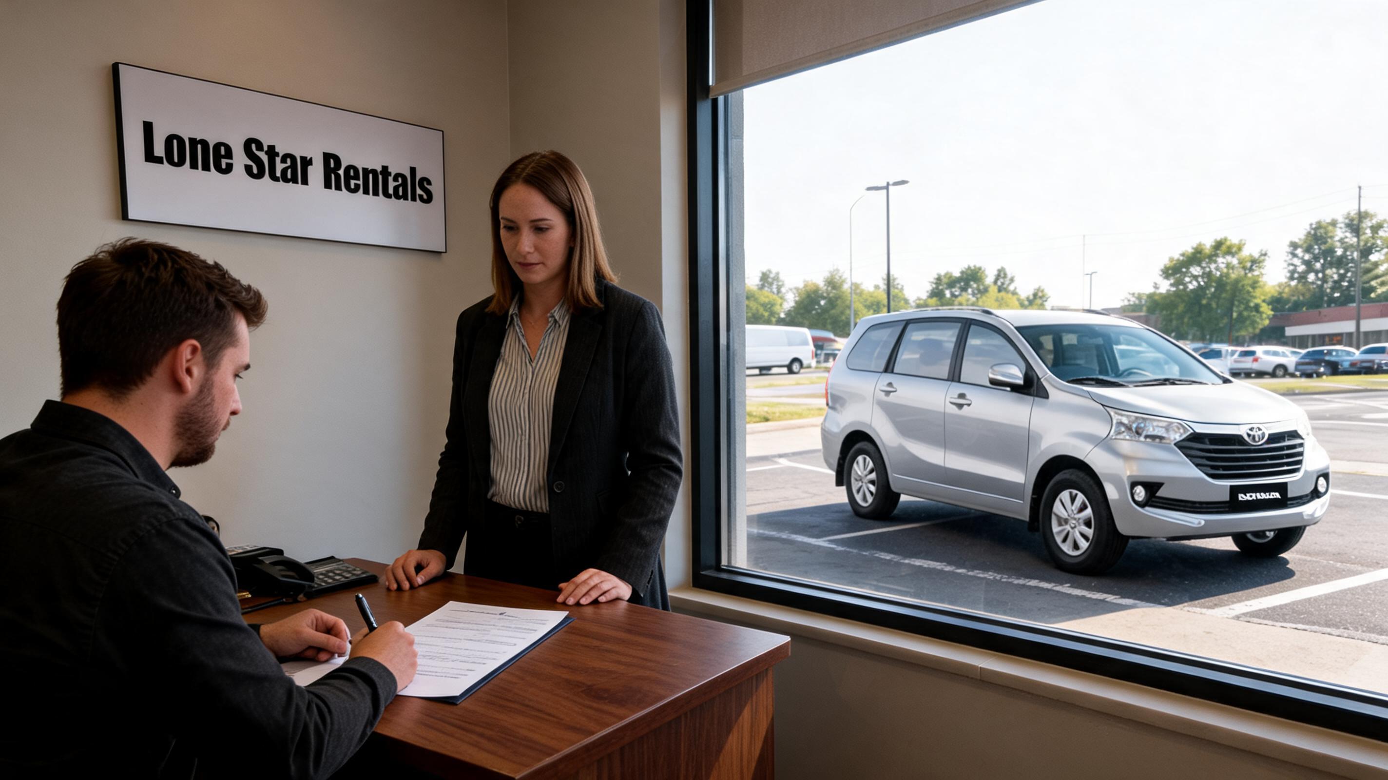 A woman in a business suit stands at a rental counter while a man fills out paperwork; a silver car is visible outside.