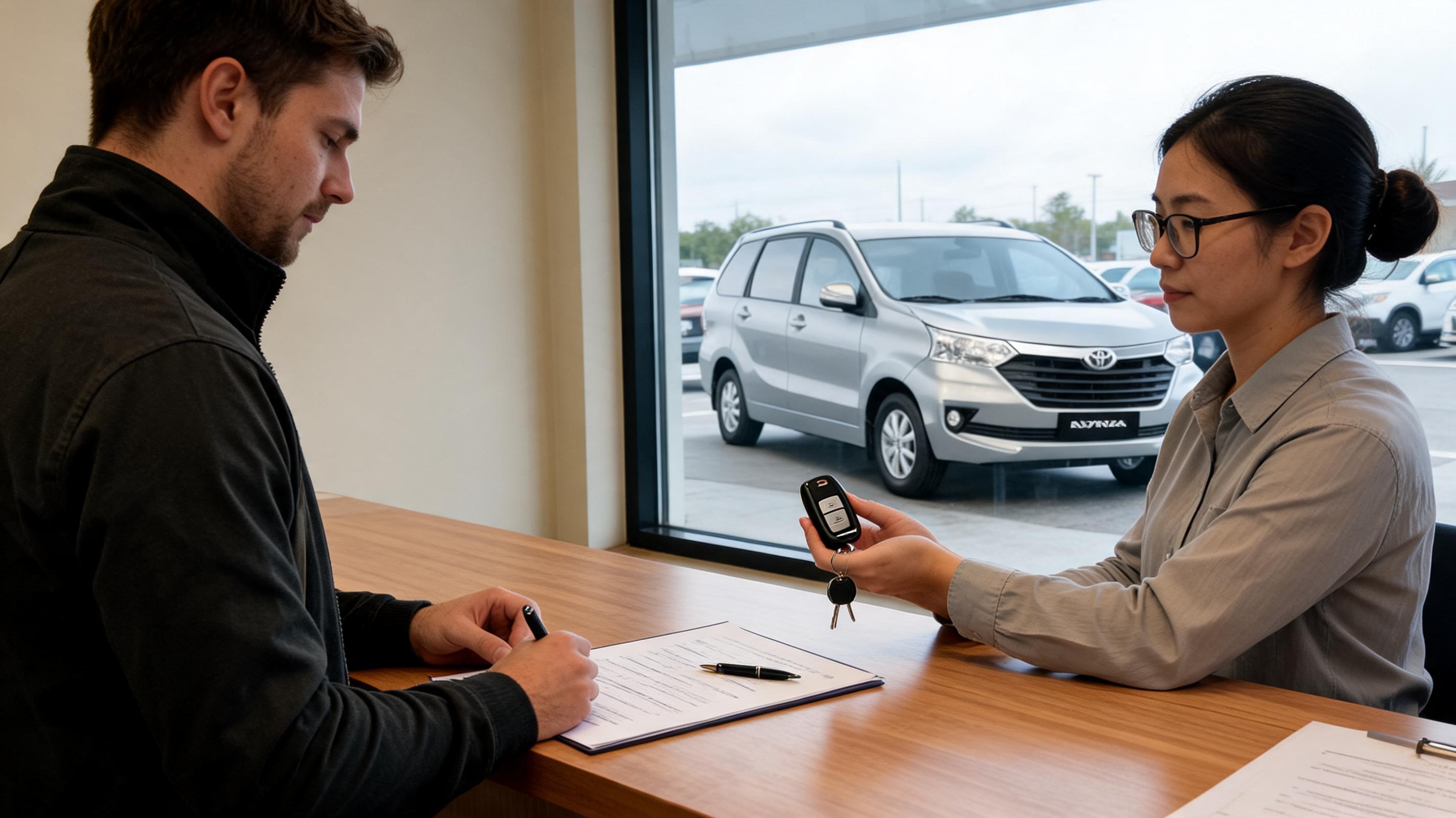 A customer at a rental service desk in Beaumont, TX, receives car keys from an employee.