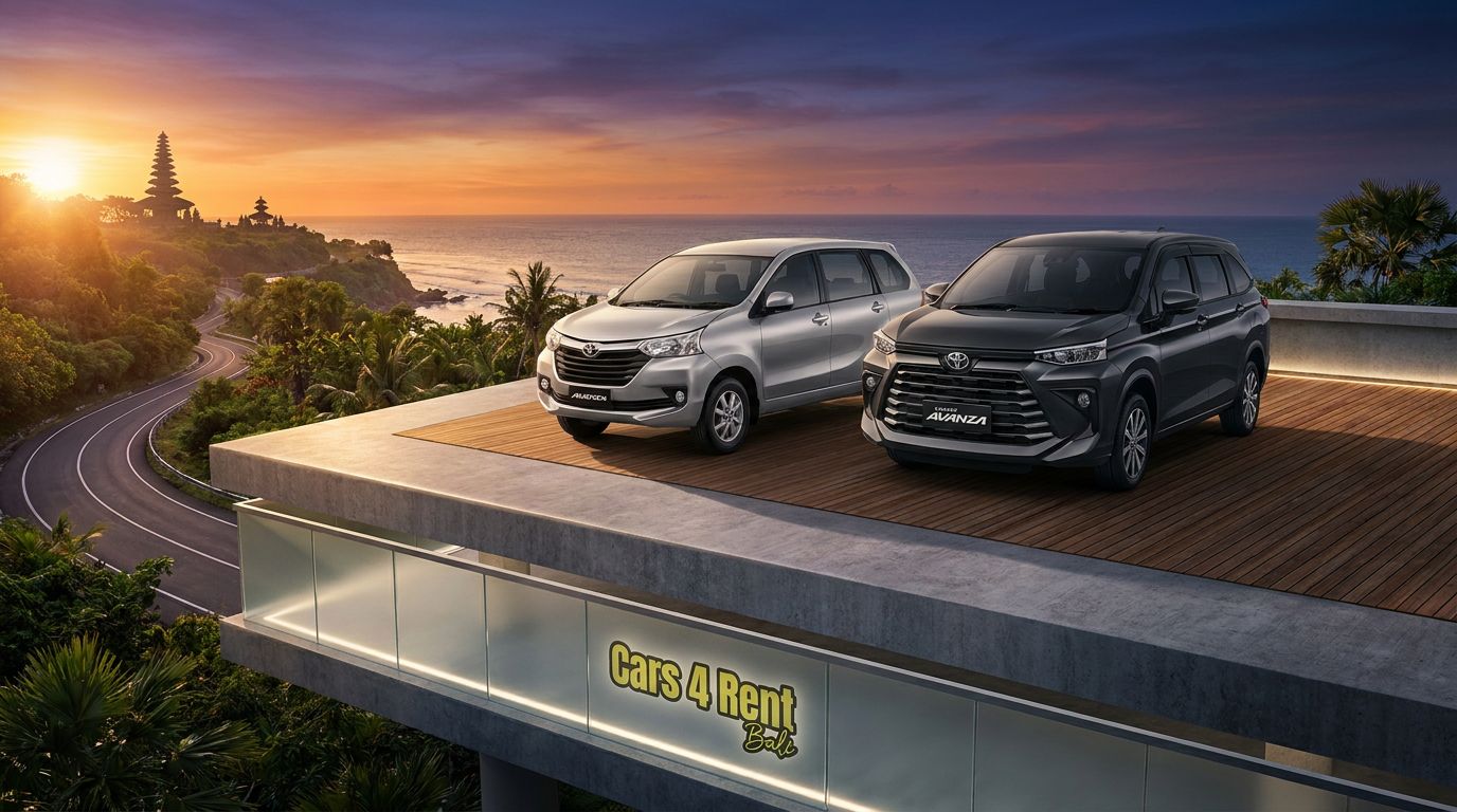 Two modern cars parked on a wooden deck overlooking a scenic coastal view in Bali at sunset.