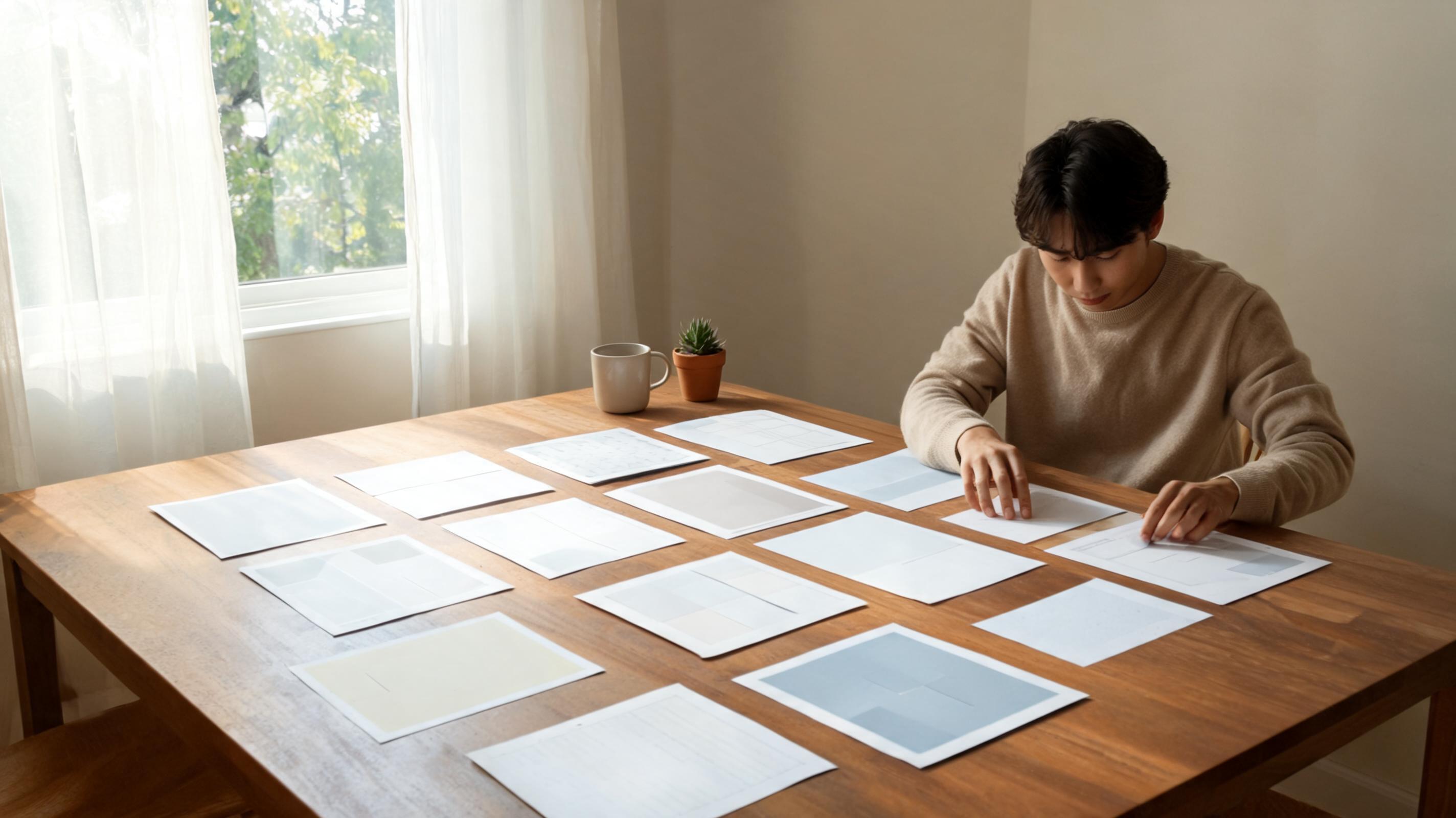 A young man sits at a wooden table covered with various sheets of paper, focused on organizing them