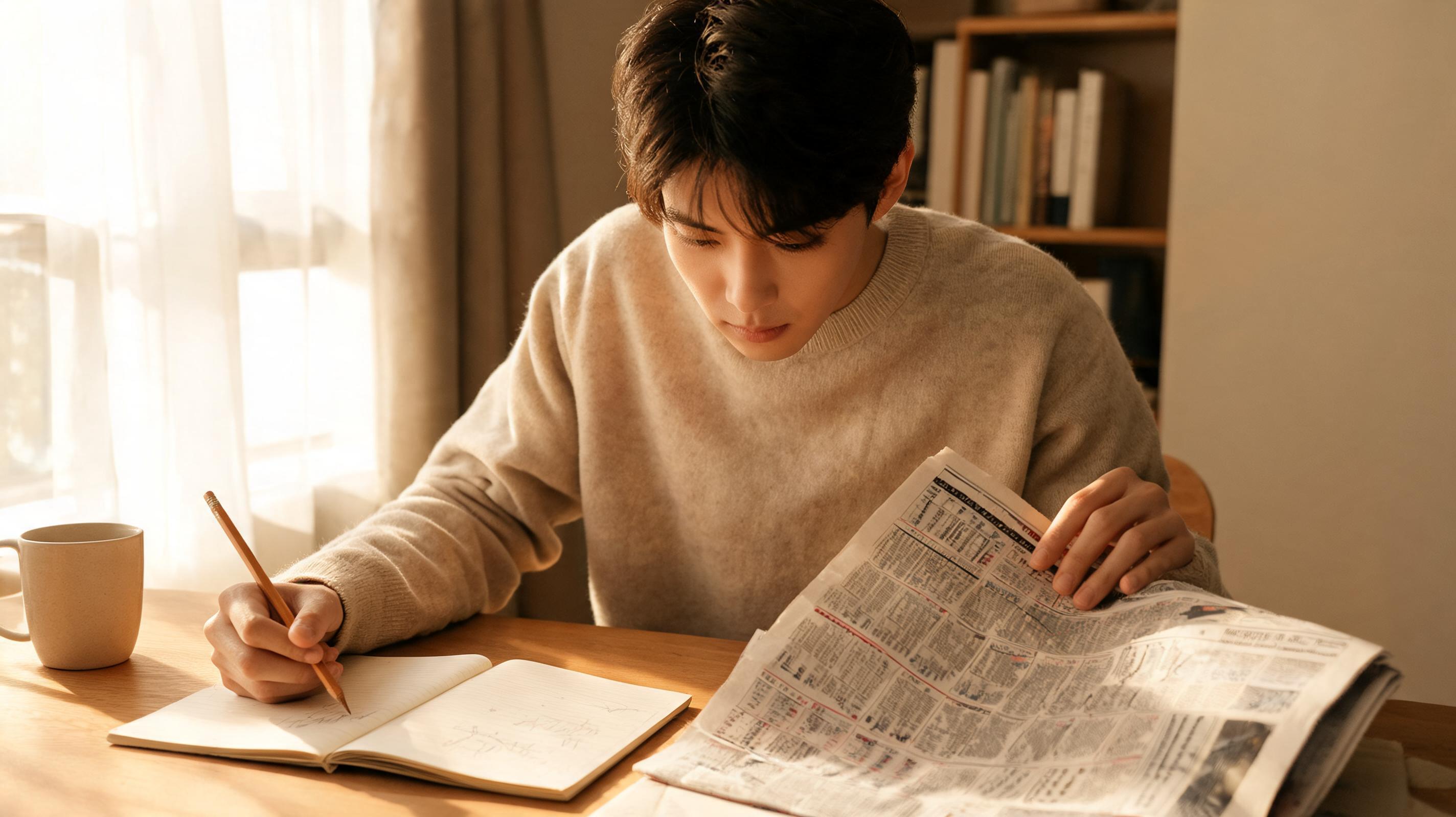 A young man sits at a wooden table, studying a newspaper and taking notes in a notebook, focusing on market trends.
