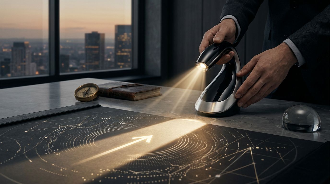 A person in a suit uses a flashlight to illuminate a chart with an upward arrow on a desk