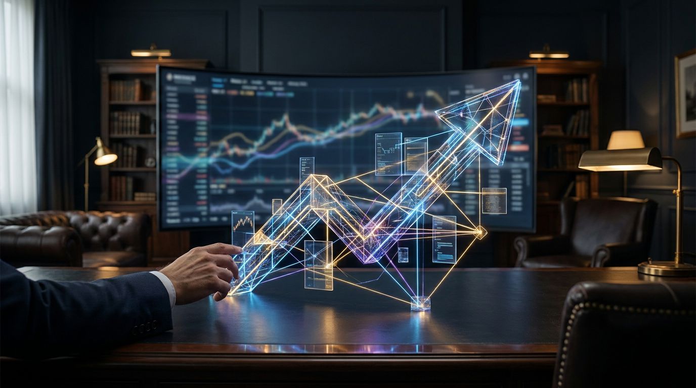 A hand reaches towards a glowing, geometric trading model with an upward trend