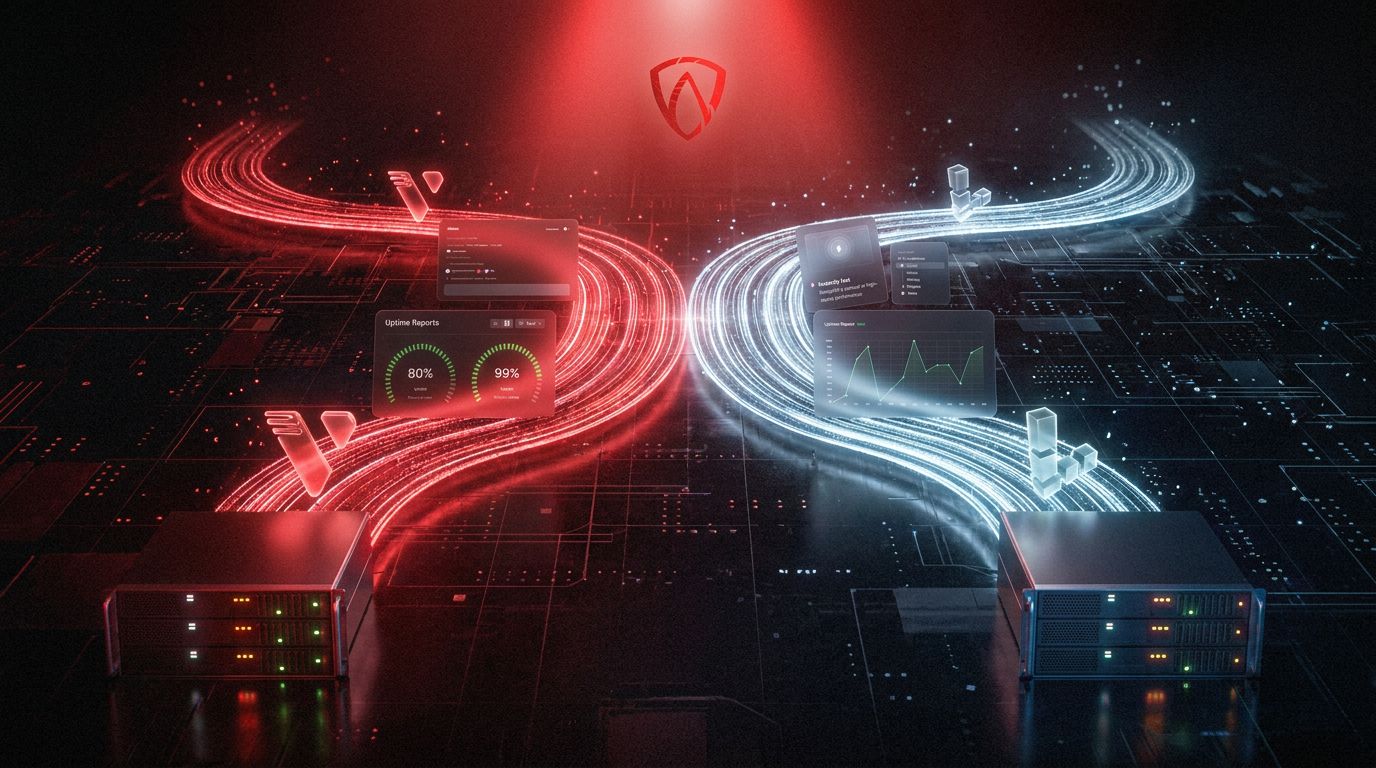 A digital representation of two server systems in red and blue, with data visuals and graphs