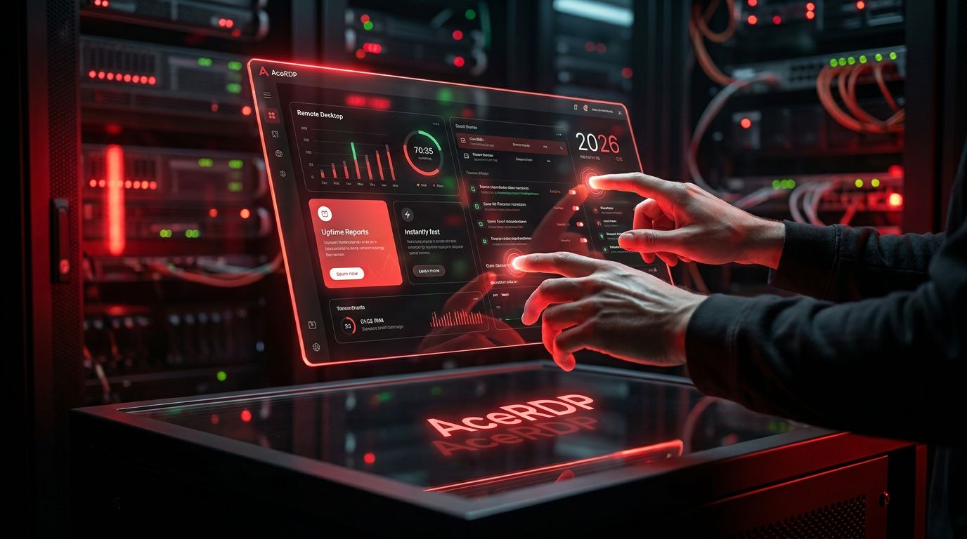 A person interacts with a futuristic touchscreen interface displaying remote desktop access tools