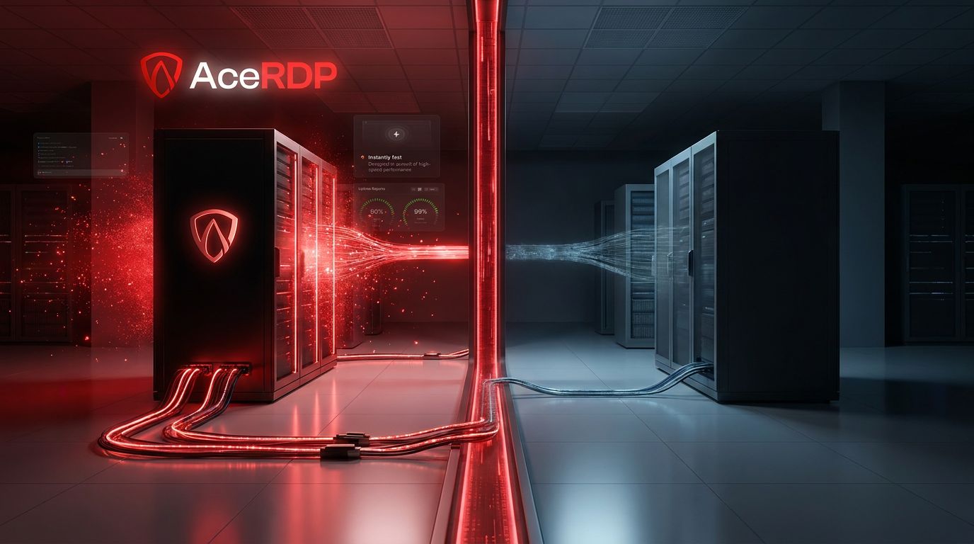 A high-tech server room split in half, with AceRDP branding on one side and glowing data cables connecting servers.