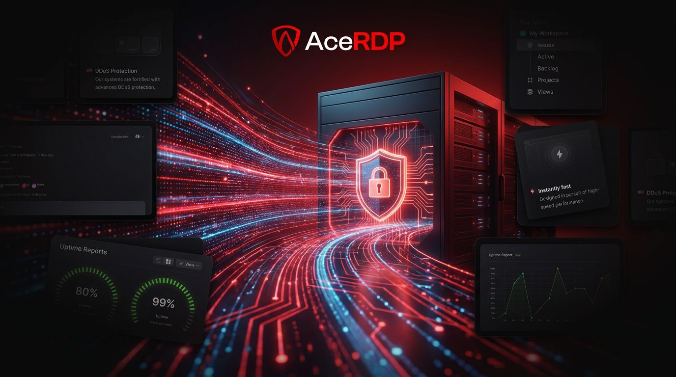 A server with a glowing shield symbol surrounded by digital data streams and performance metrics