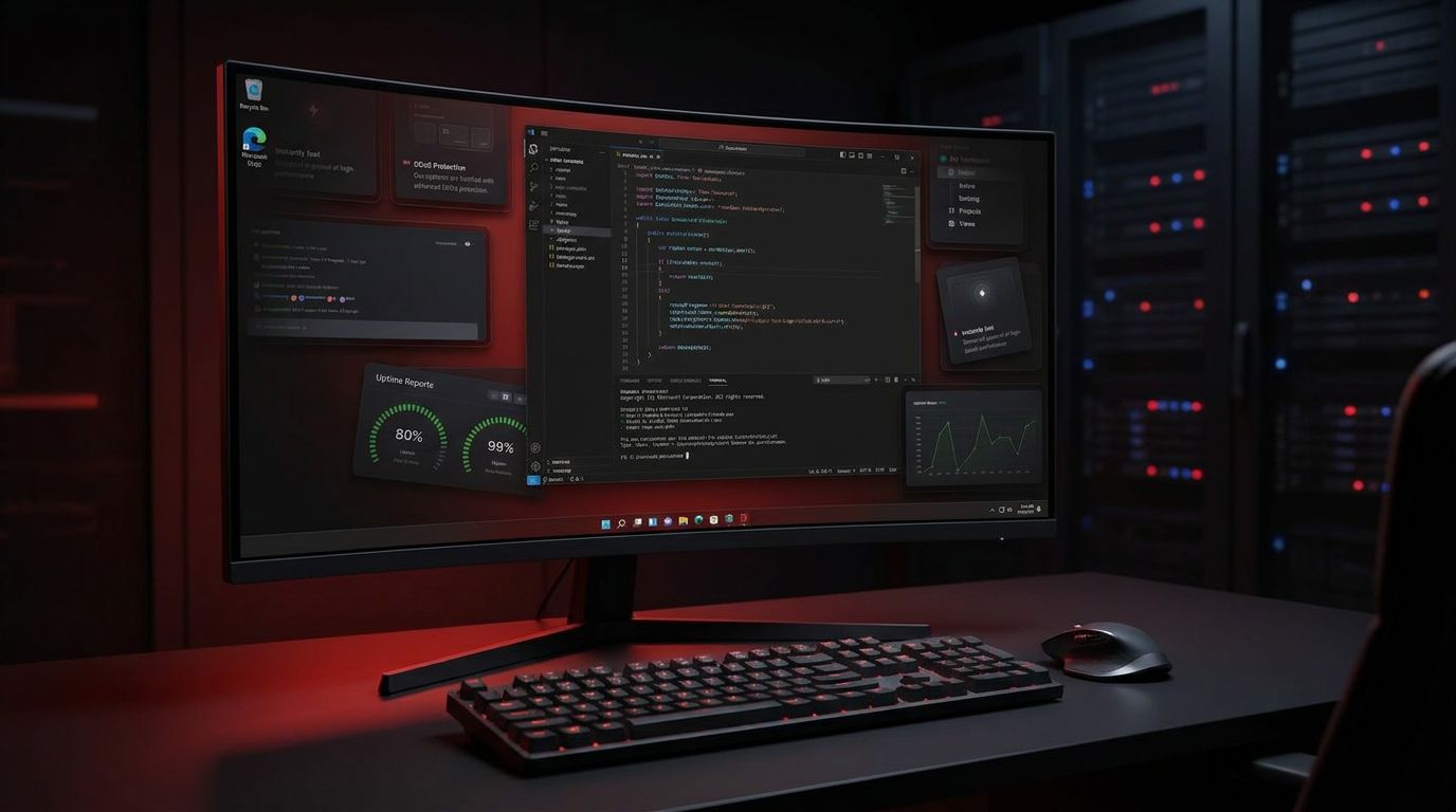 A modern workspace featuring a curved monitor displaying code and analytics, with a keyboard and mouse