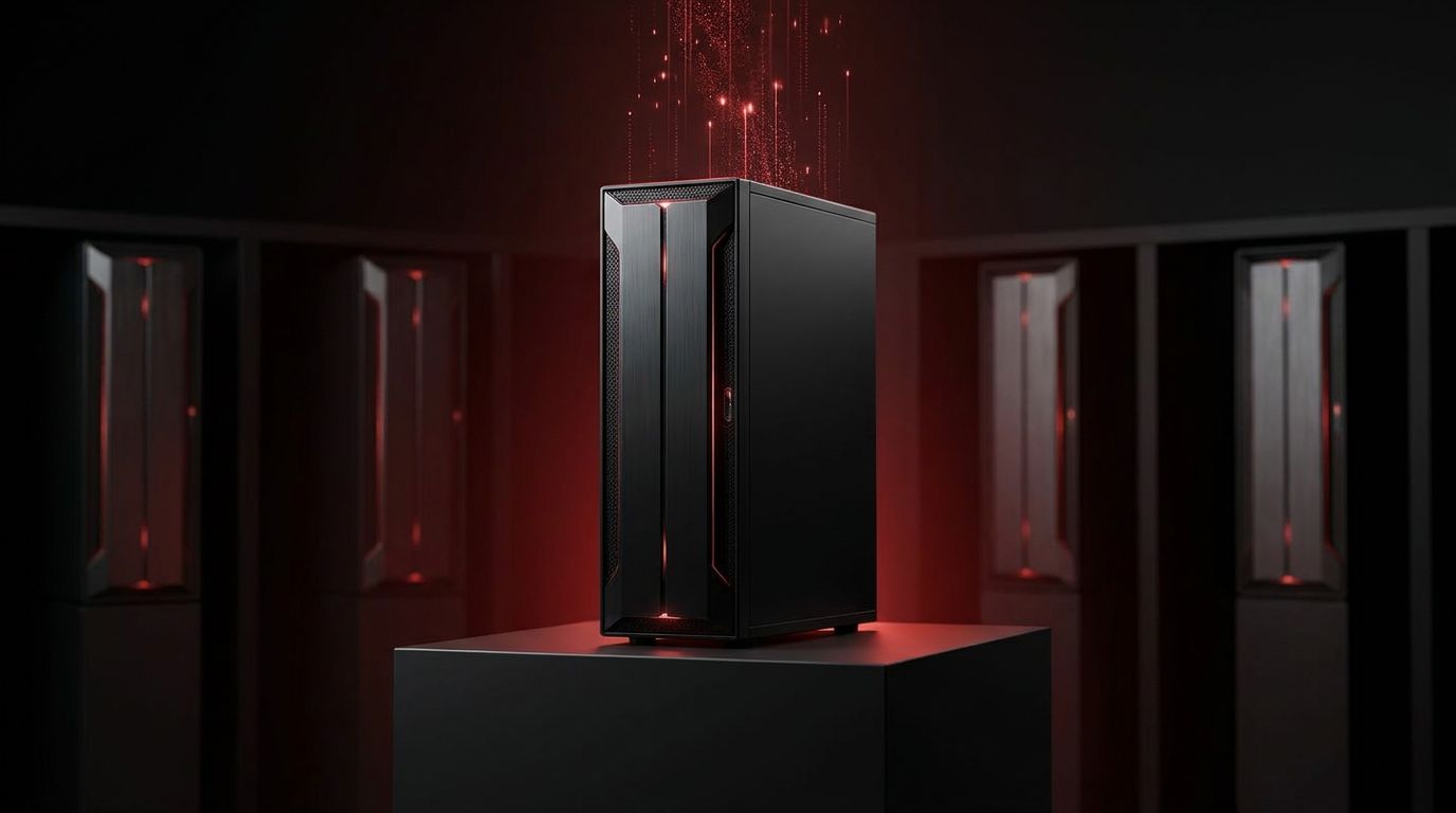 A sleek black server tower illuminated by red light, set against a dark background with multiple similar towers.
