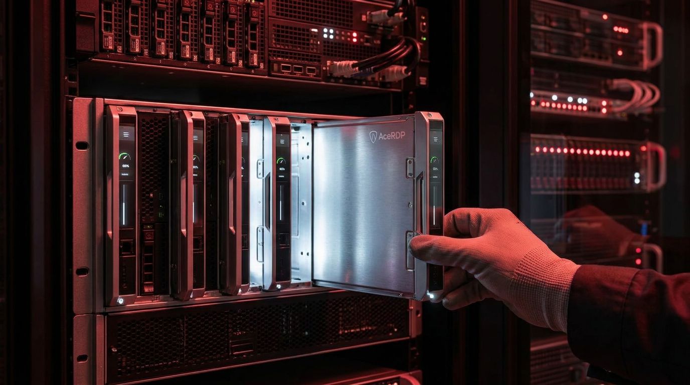 A technician in a glove is handling a server unit in a data center filled with illuminated racks.