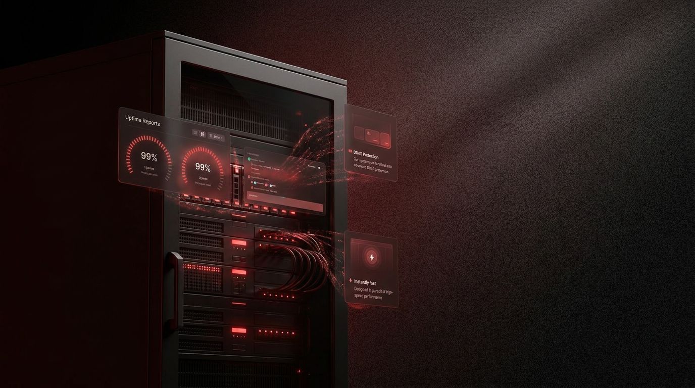 A sleek server rack with glowing red indicators and data displays, highlighting high-performance RDP hosting.