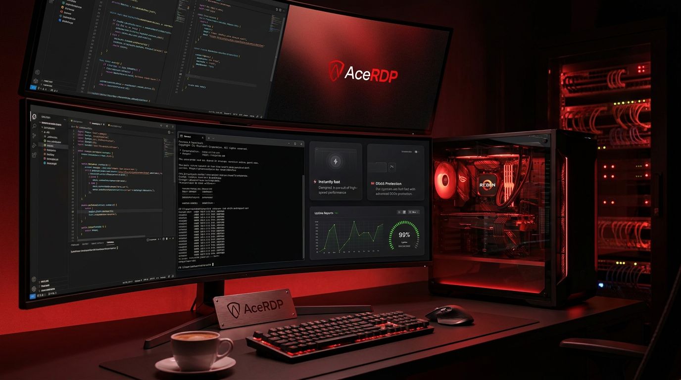 A sleek workspace featuring a triple monitor setup displaying code and system stats, with a gaming PC and a coffee cup