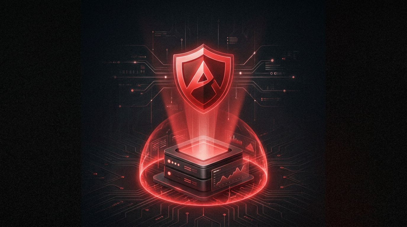 A server with a glowing red shield above it, surrounded by digital circuit patterns, emphasizing security.