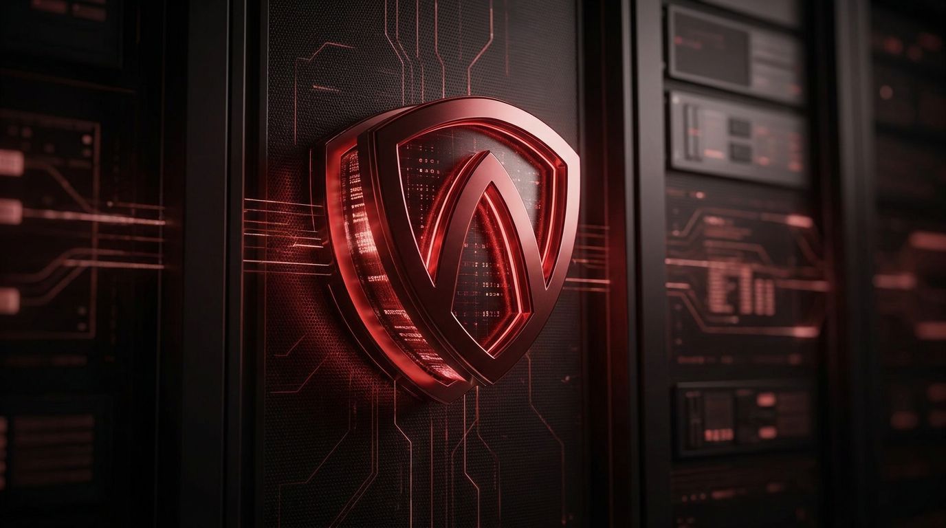A sleek, modern server room with a prominent red shield logo symbolizing security, highlighting VPS hosting features.