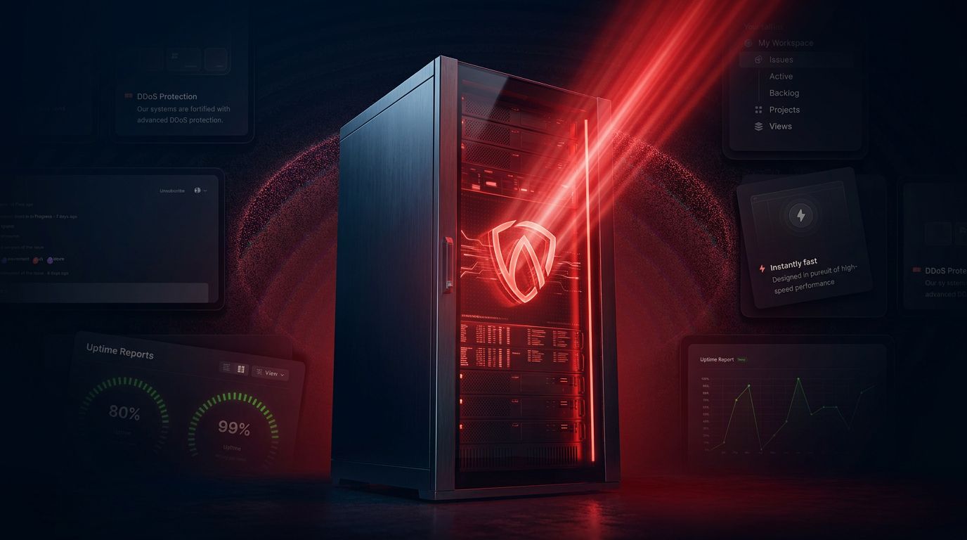 A sleek server tower illuminated with red light, surrounded by digital interface elements showing data metrics.