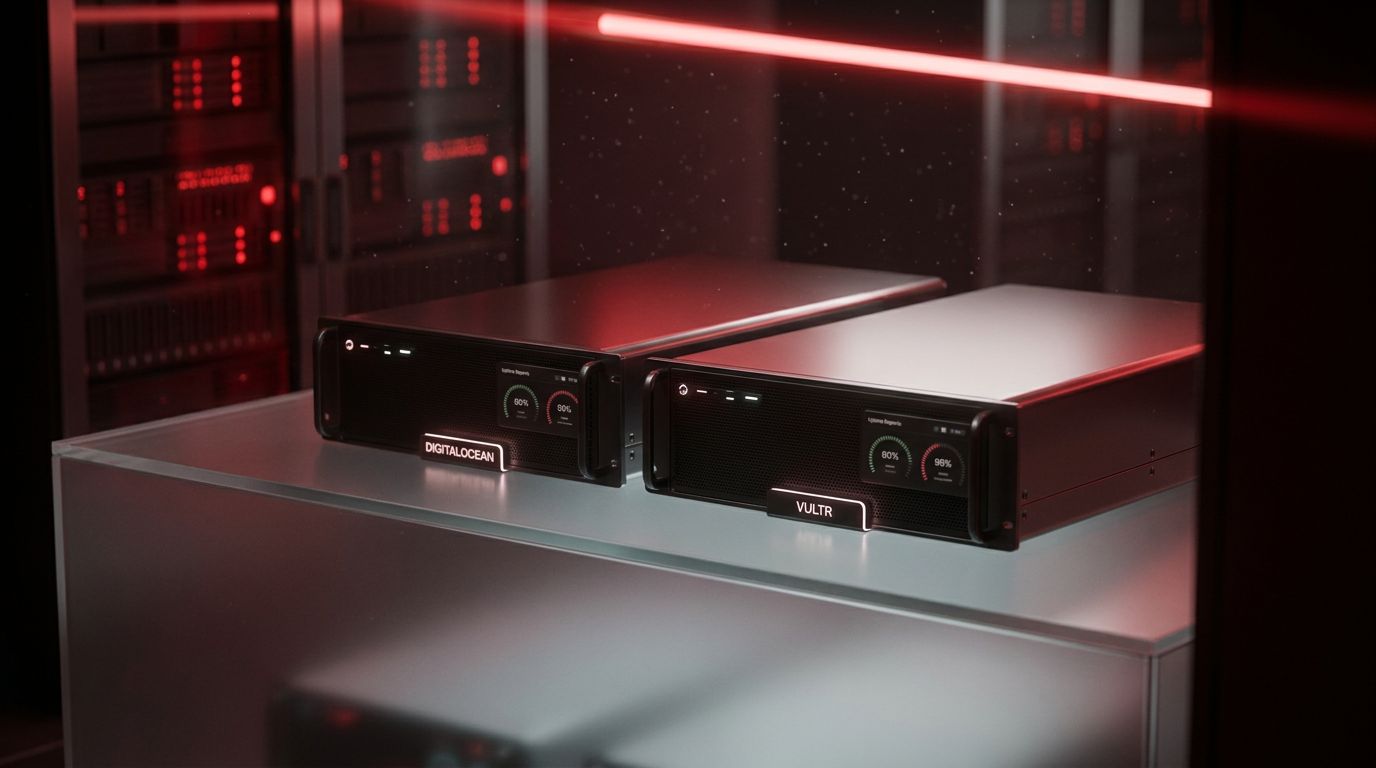 Two server units labeled DigitalOcean and Vultr sit on a glass shelf in a data center, illuminated by red lights.