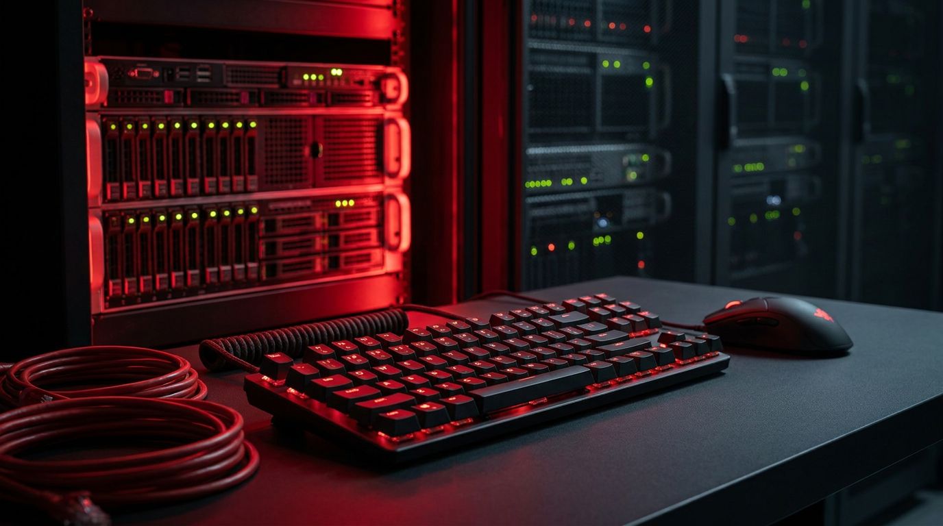 A dimly lit server room with red lighting, featuring a keyboard and mouse on a desk, and server racks in the background.