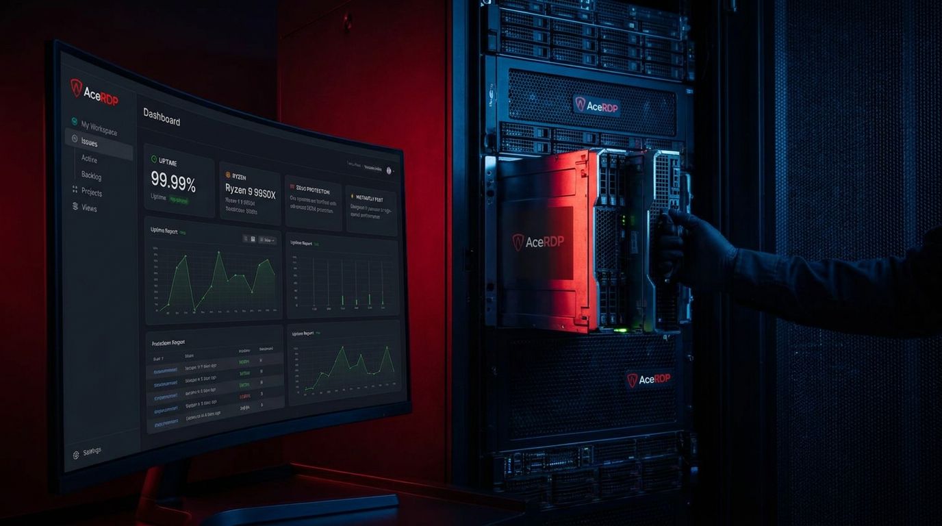 A dark server room with a glowing monitor displaying performance metrics and a hand connecting hardware.